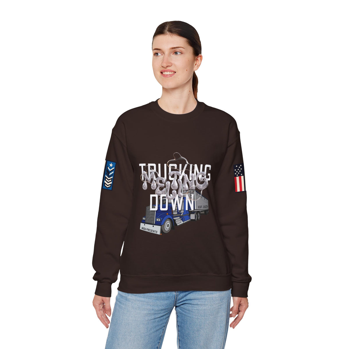 Charcoal Trucking Meltdown Sweatshirt by Printify featuring a bold truck graphic on soft, comfortable fabric.