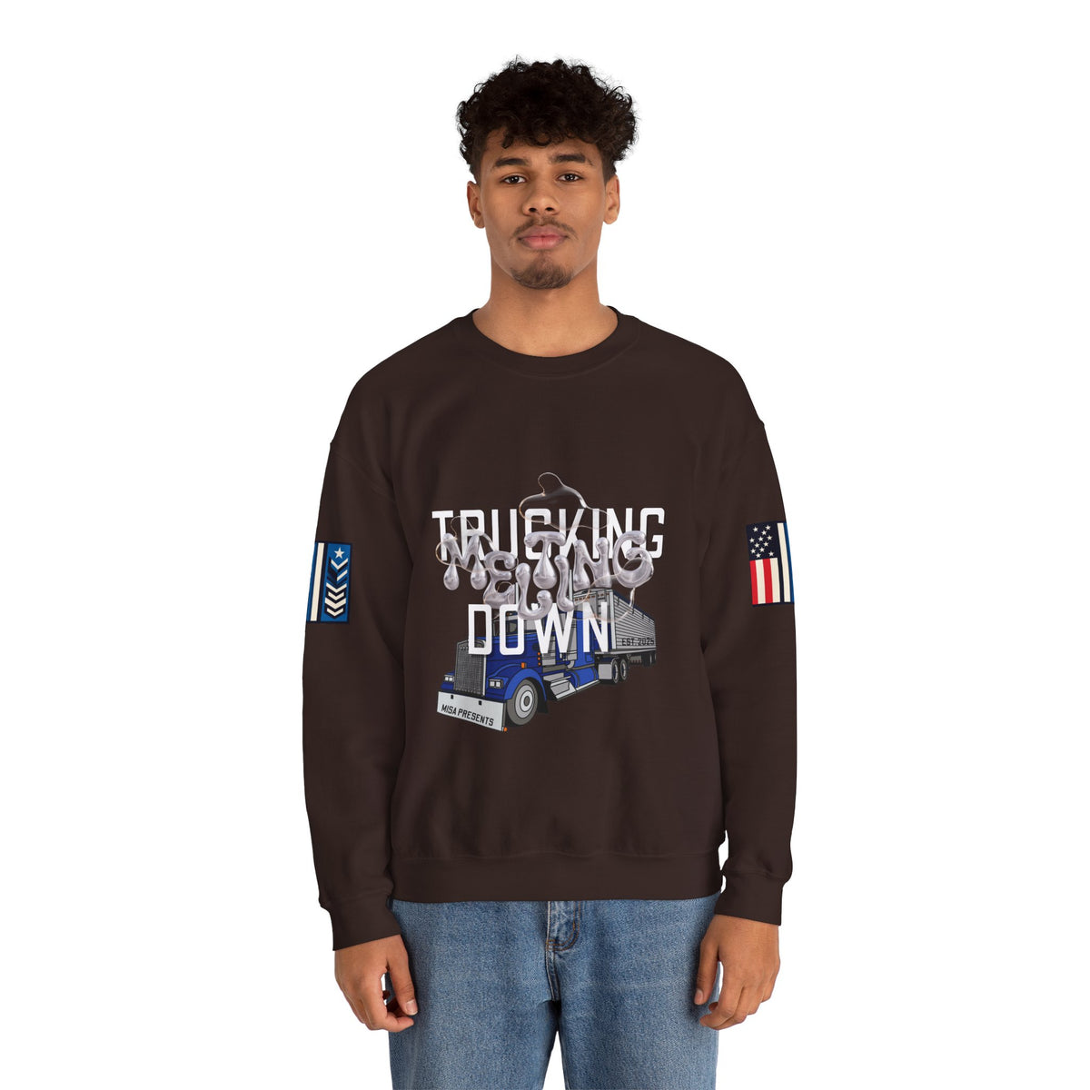 Charcoal Trucking Meltdown Sweatshirt by Printify, showcasing a comfortable crewneck design with a trucking-themed graphic.