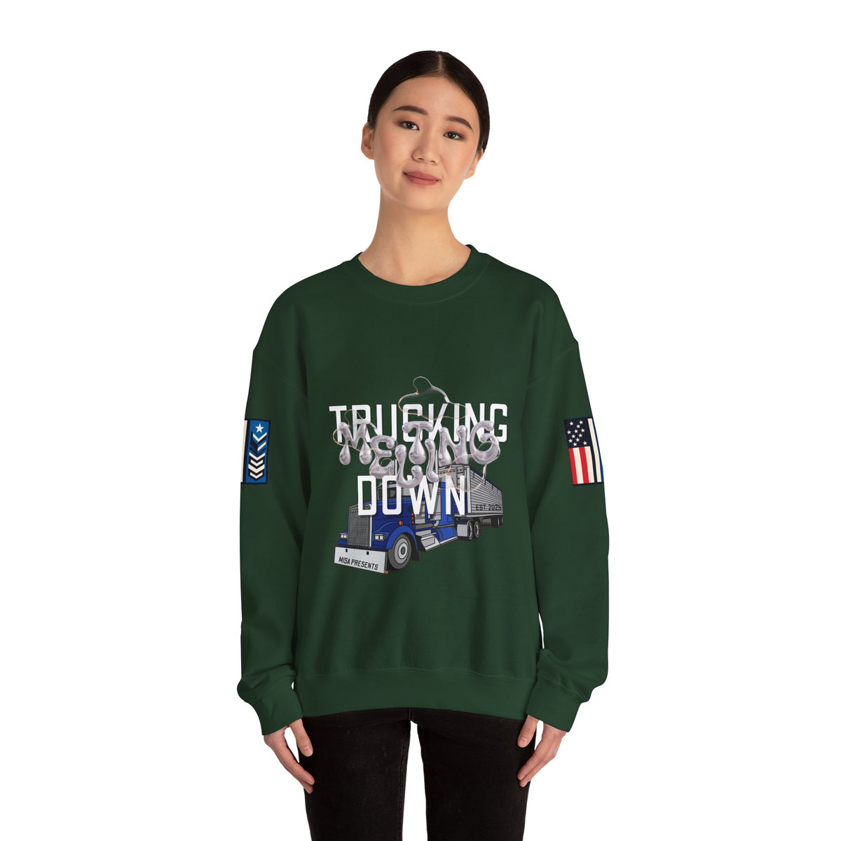 Charcoal trucking meltdown sweatshirt by Printify featuring a comfortable fit and printed graphic design on the front.