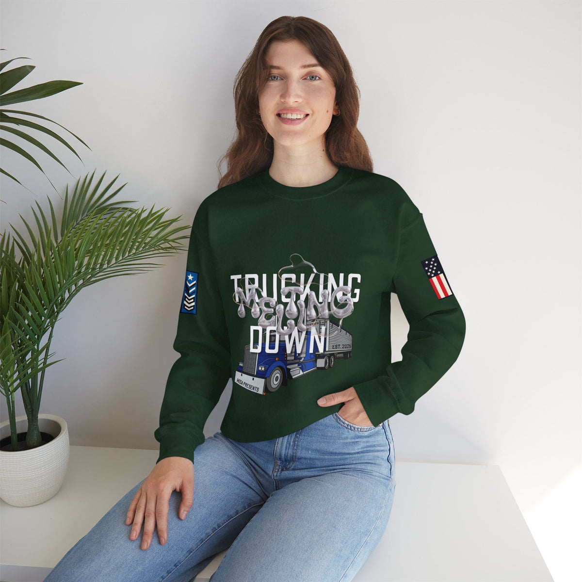 Charcoal Trucking Meltdown Sweatshirt by Printify featuring a comfortable crewneck and bold trucking-themed graphic.