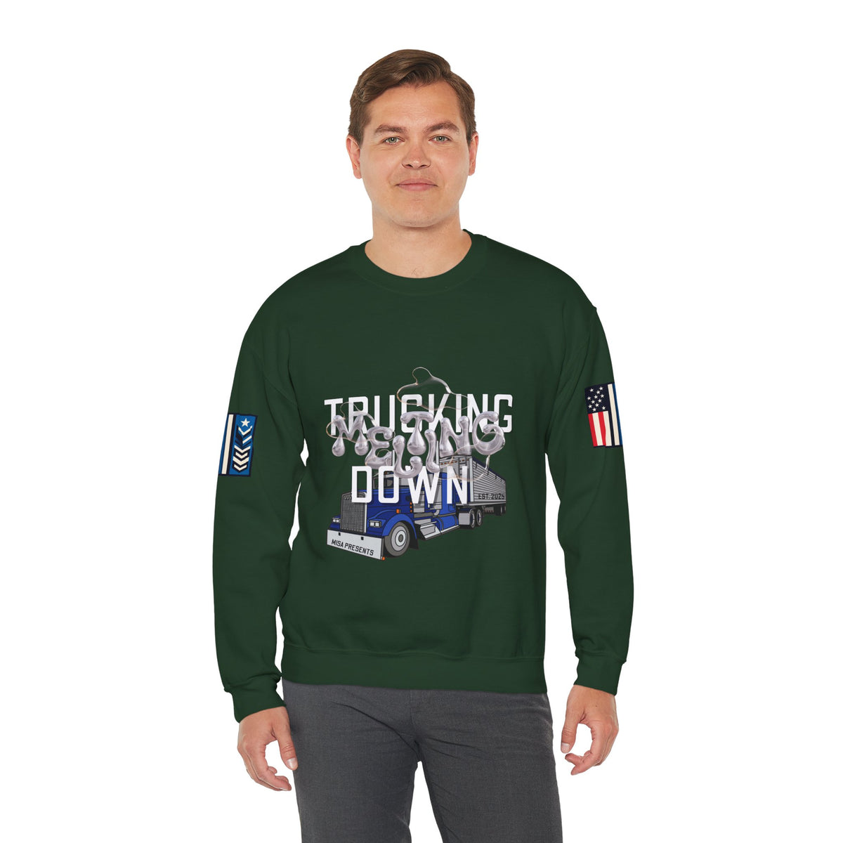 Charcoal Trucking Meltdown Sweatshirt by Printify featuring a casual, comfortable sweatshirt with truck-themed design.