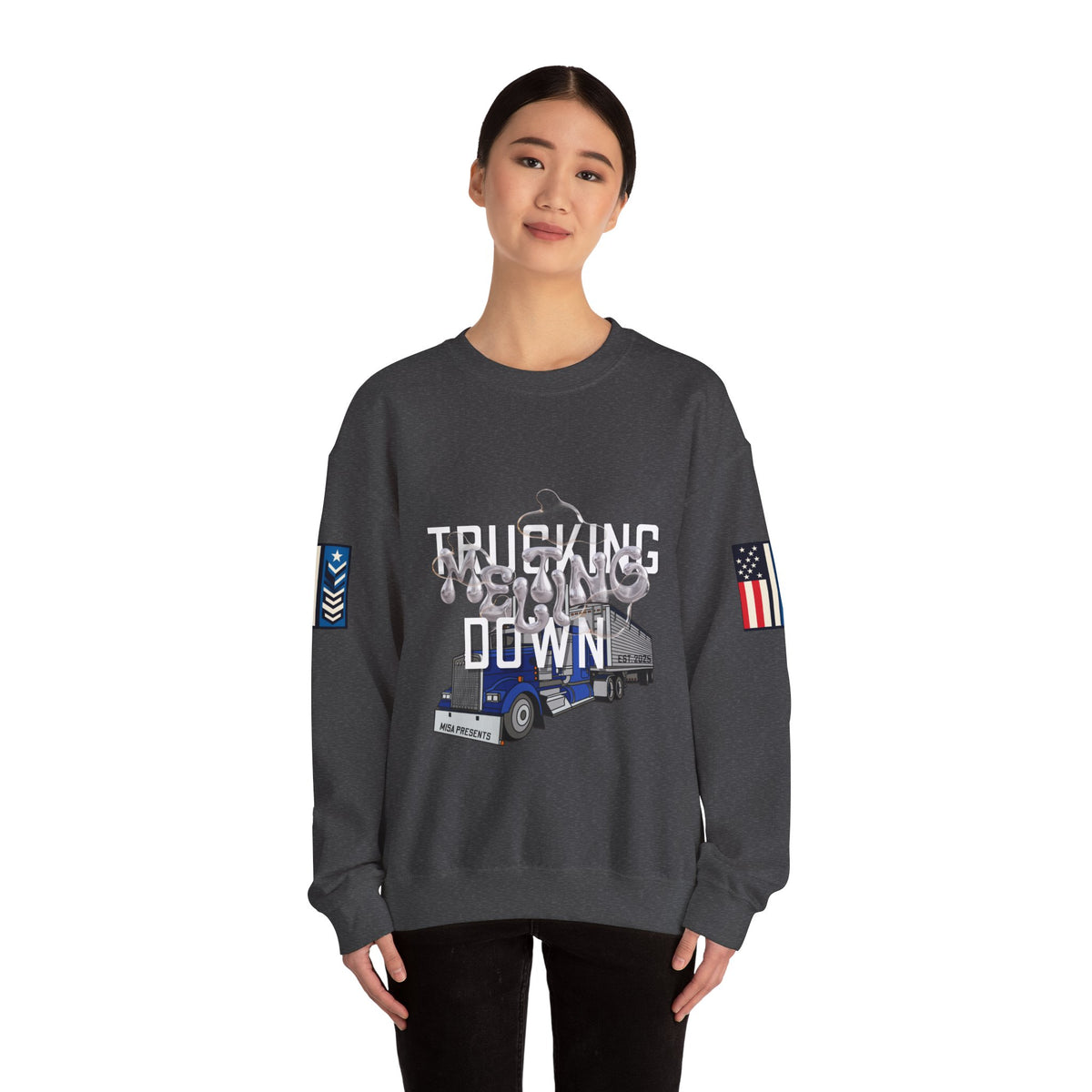 Charcoal trucking meltdown sweatshirt by Printify featuring a relaxed fit and graphic design on the front.