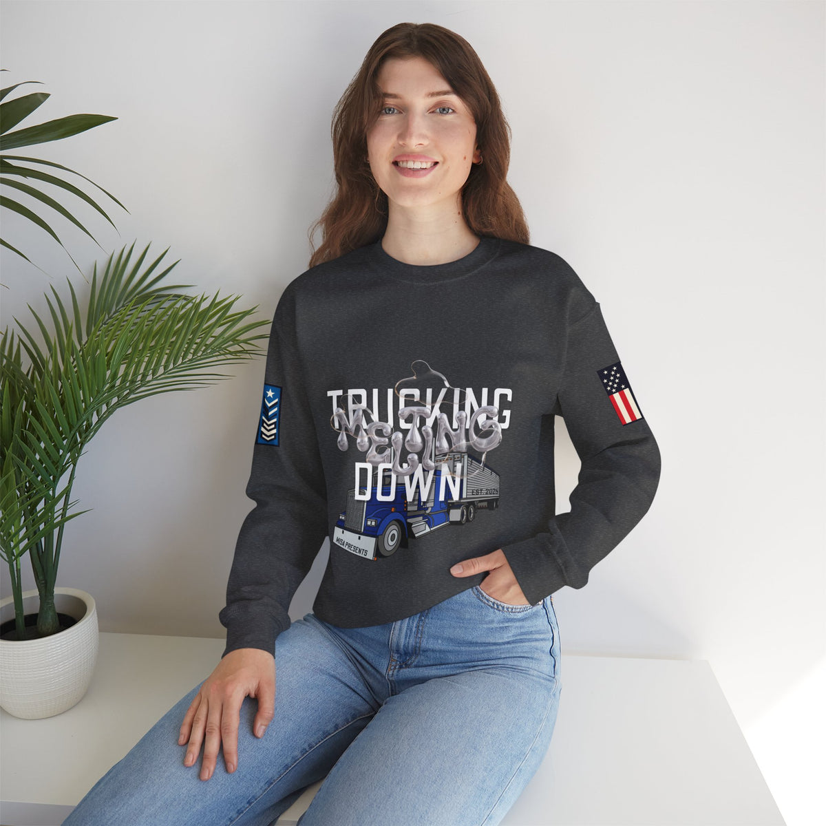 Charcoal Printify Trucking Meltdown sweatshirt with graphic design, long-sleeve casual sweatshirt for men or women.