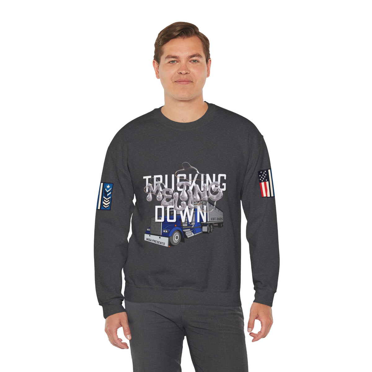 Charcoal Trucking Meltdown Sweatshirt by Printify featuring a casual fit and printed trucking graphic on the front.