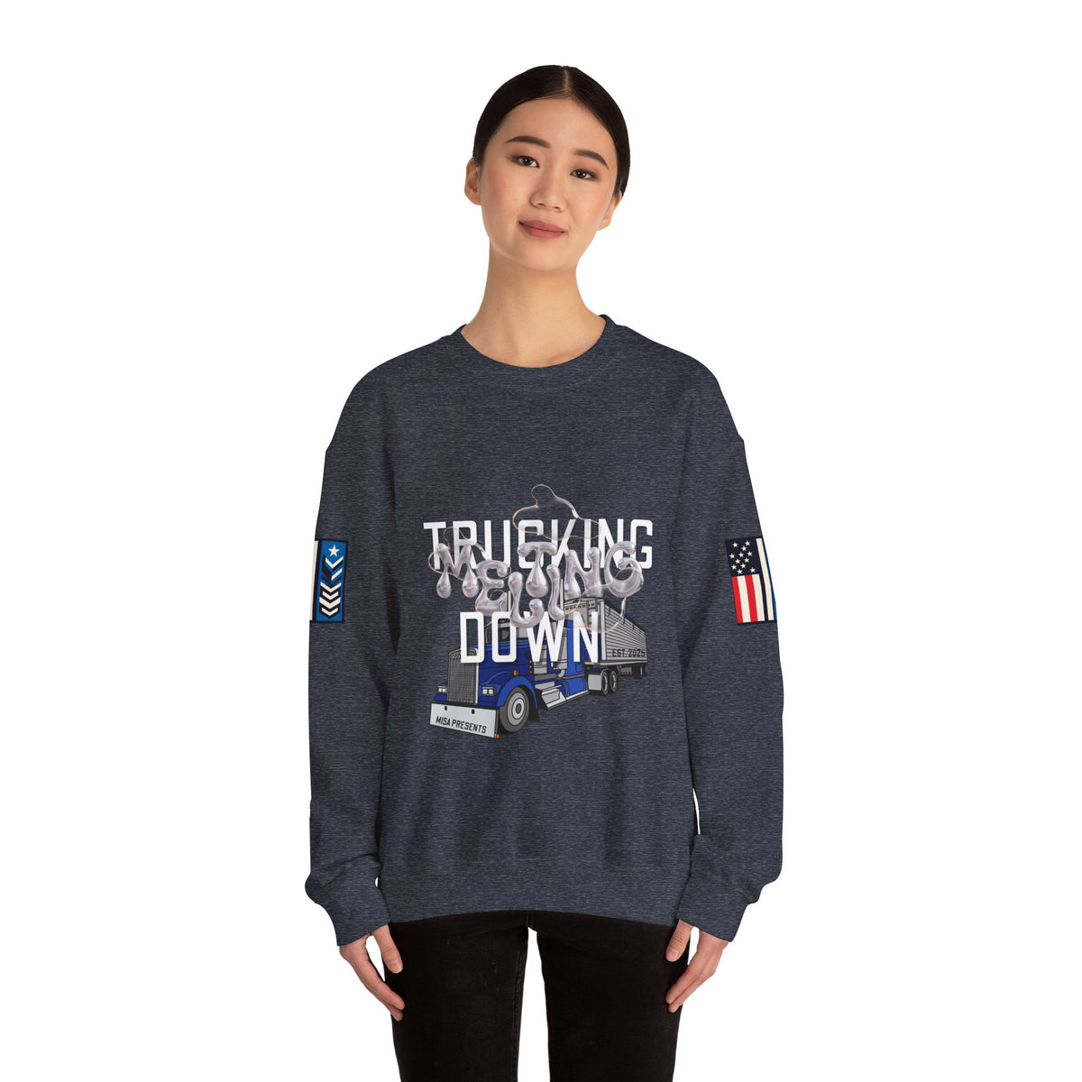 Charcoal Trucking Meltdown Sweatshirt by Printify featuring a relaxed fit and bold graphic design, ideal for casual wear.