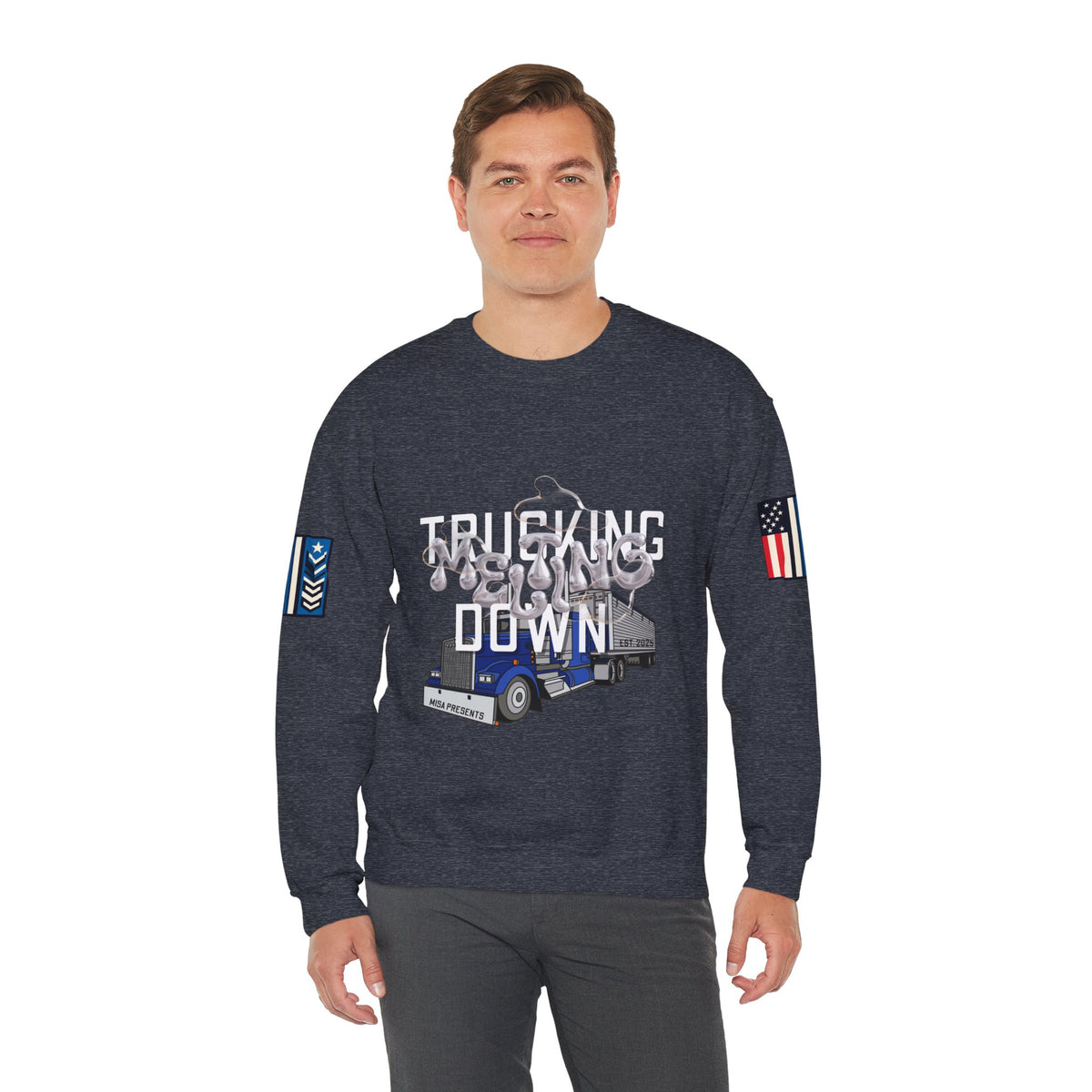 Charcoal Trucking Meltdown Sweatshirt by Printify featuring a relaxed fit and bold graphic print on soft fabric.