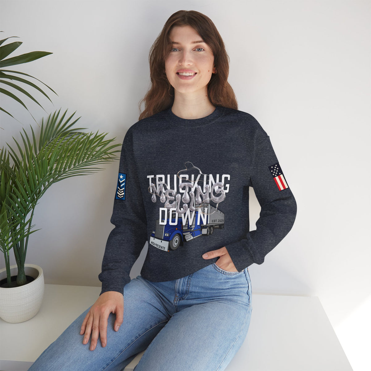 Charcoal Trucking Meltdown Sweatshirt by Printify featuring a comfortable fit and bold graphic design for casual wear.