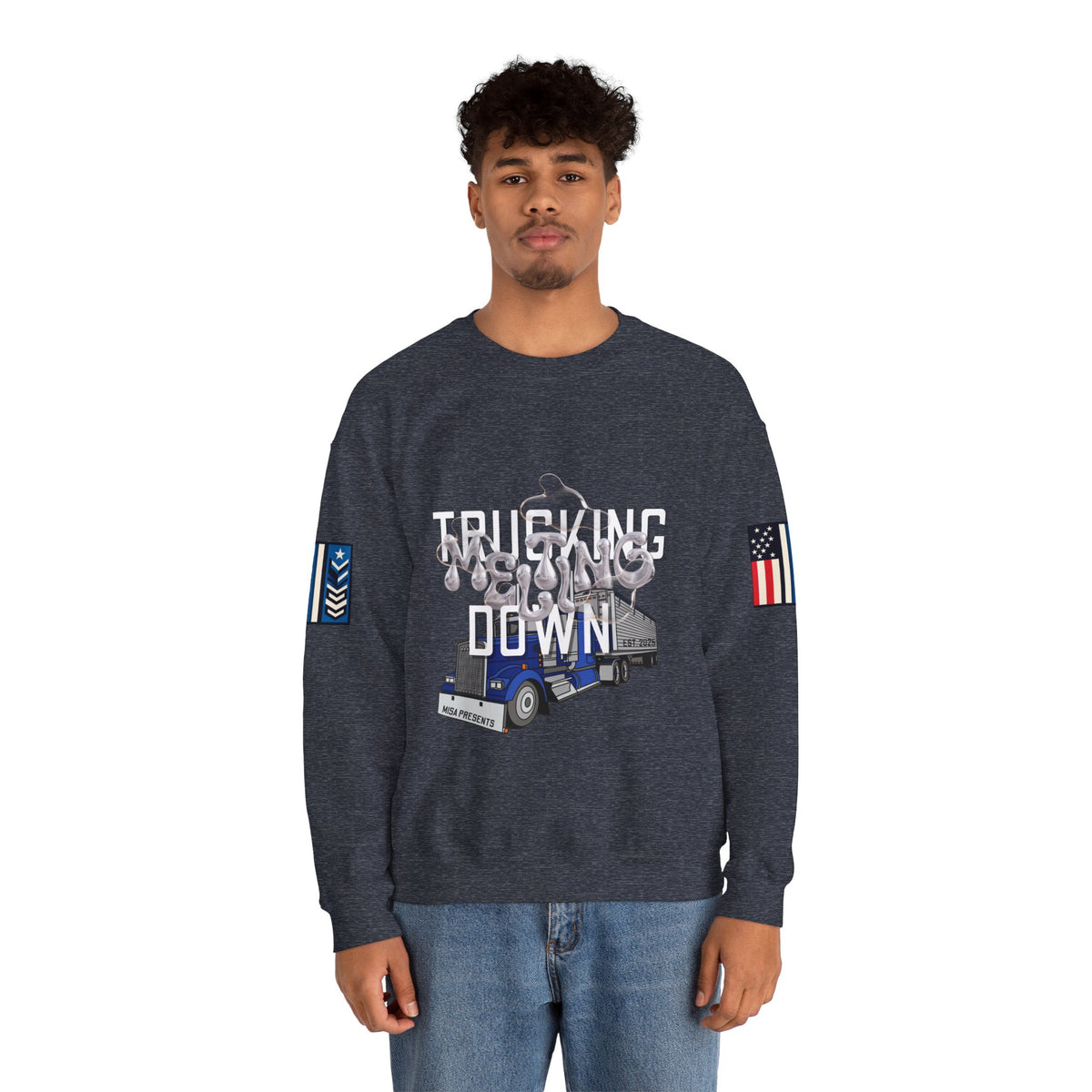 Charcoal Trucking Meltdown Sweatshirt by Printify featuring a casual fit and printed graphic design.