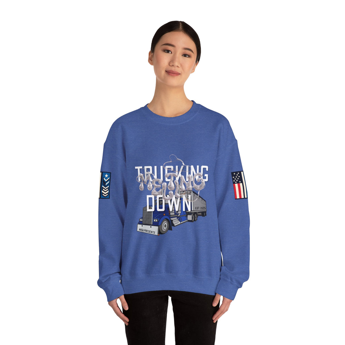 Charcoal Trucking Meltdown sweatshirt by Printify featuring a comfortable crewneck design and bold trucking-themed graphic.