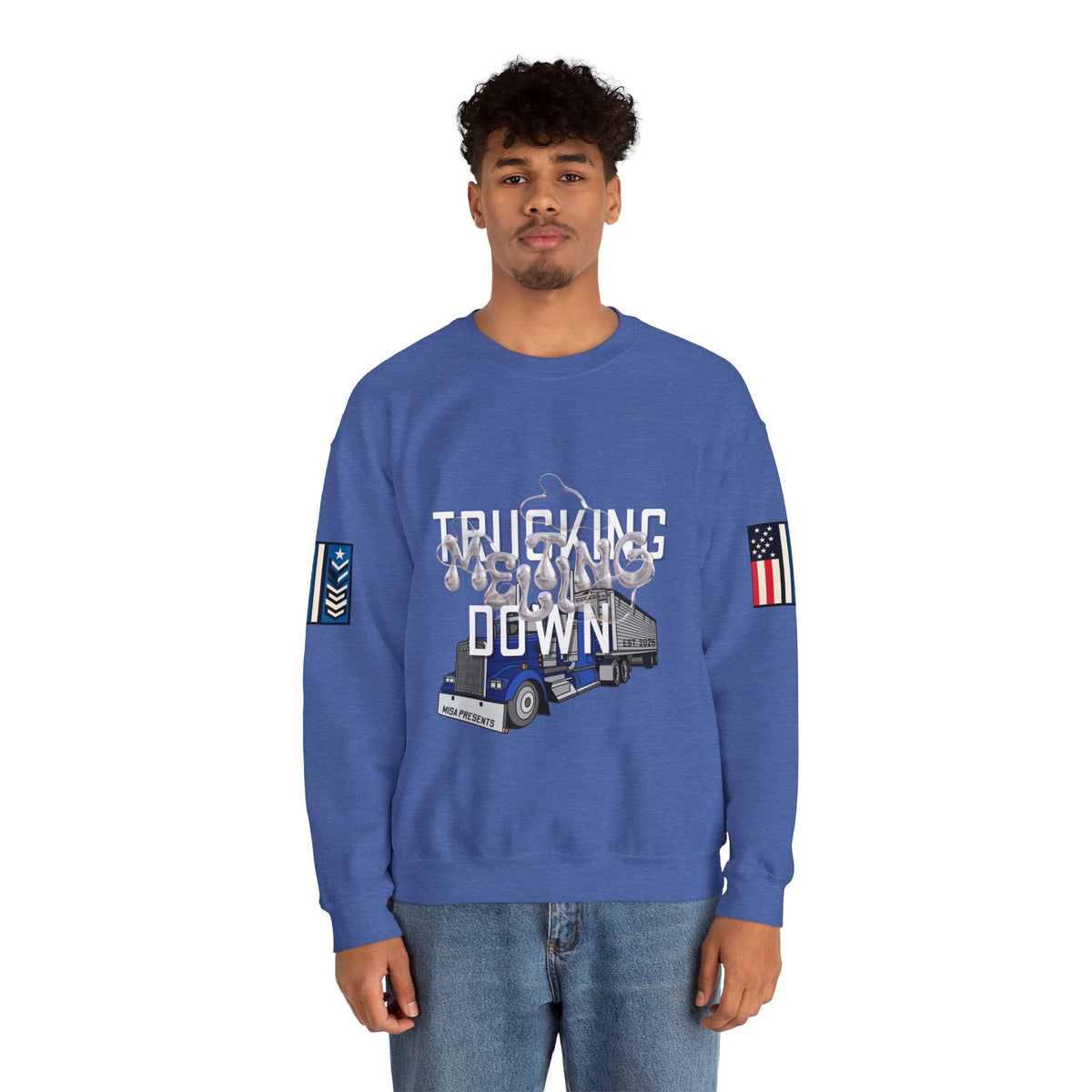 Charcoal Trucking Meltdown sweatshirt by Printify featuring a casual crewneck design and printed graphic on the front.