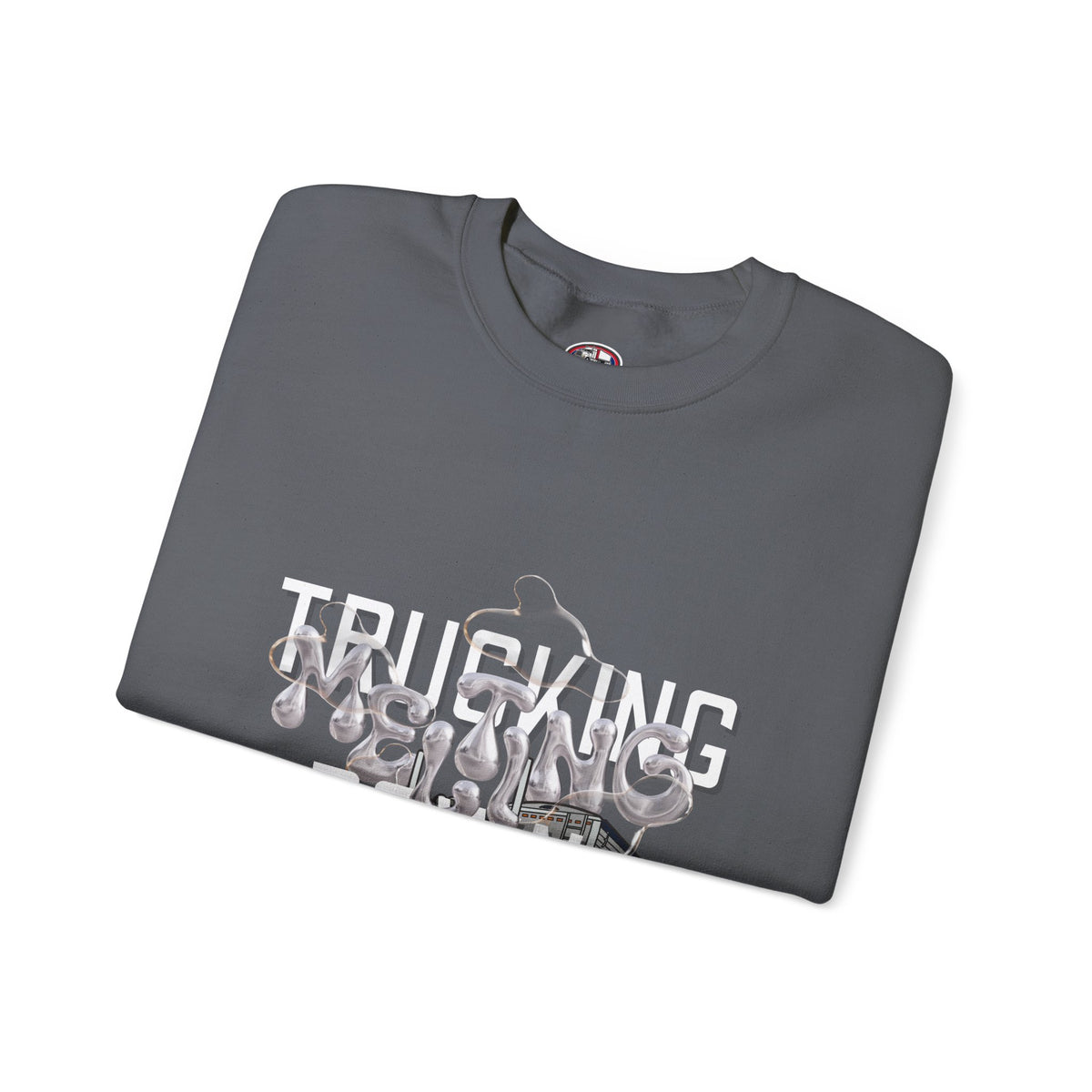 Charcoal trucking meltdown sweatshirt by Printify featuring a bold graphic design on the front.