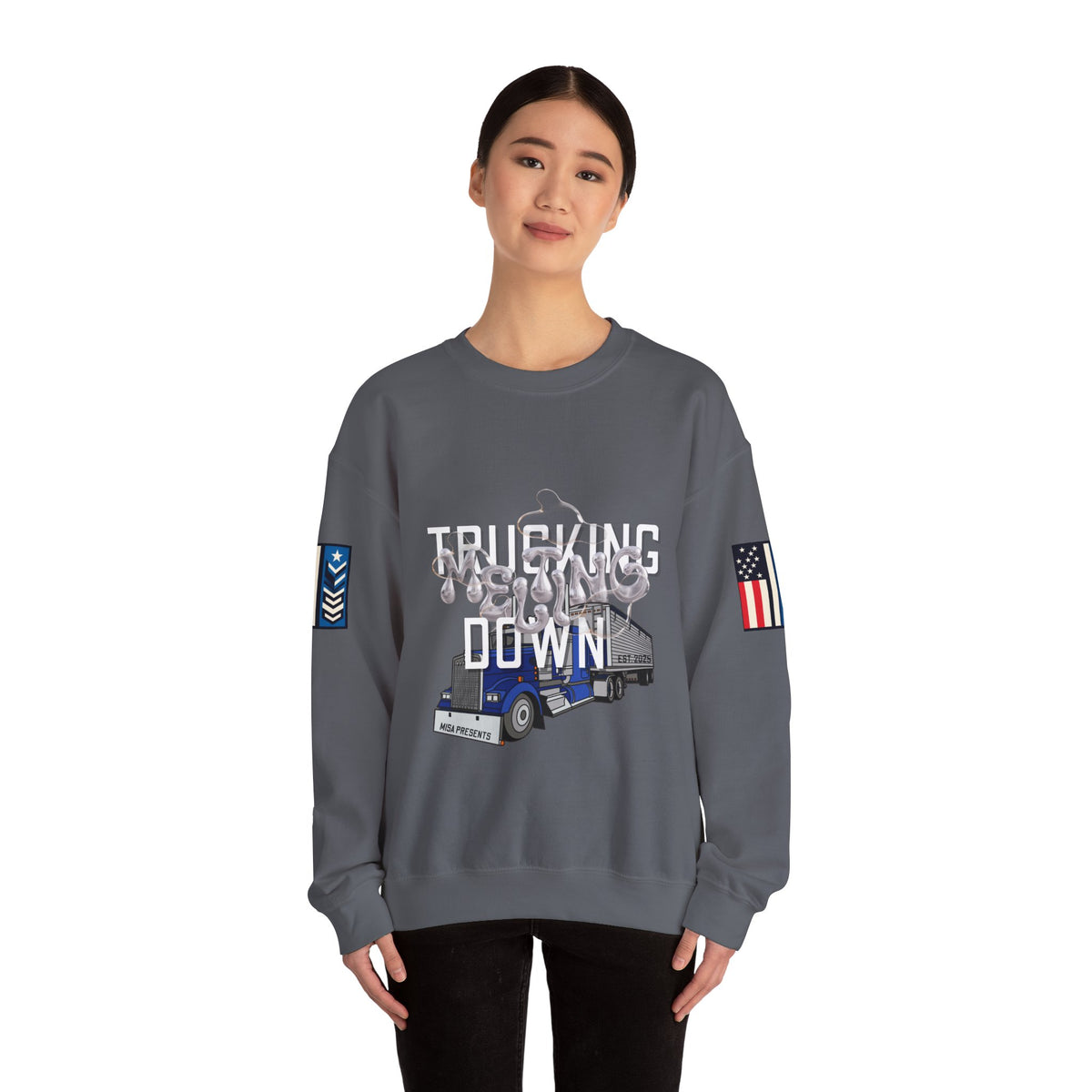 Charcoal trucking meltdown sweatshirt by Printify featuring a relaxed fit and bold truck graphic on the front.