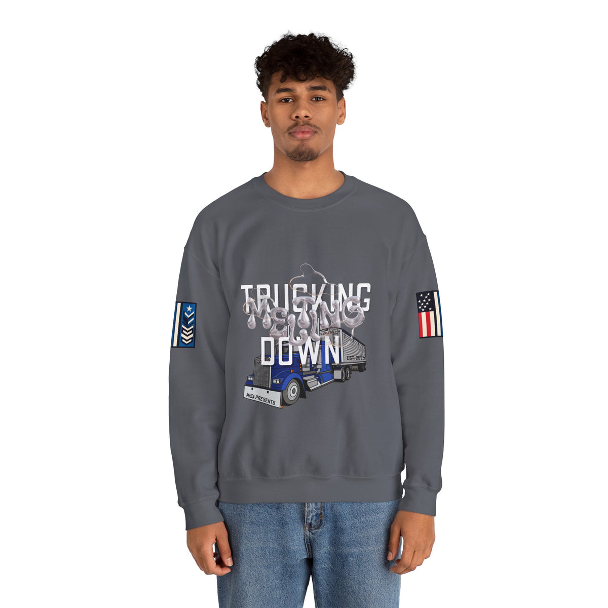 Charcoal Trucking Meltdown sweatshirt by Printify featuring a casual, comfortable design with trucking-themed graphics.