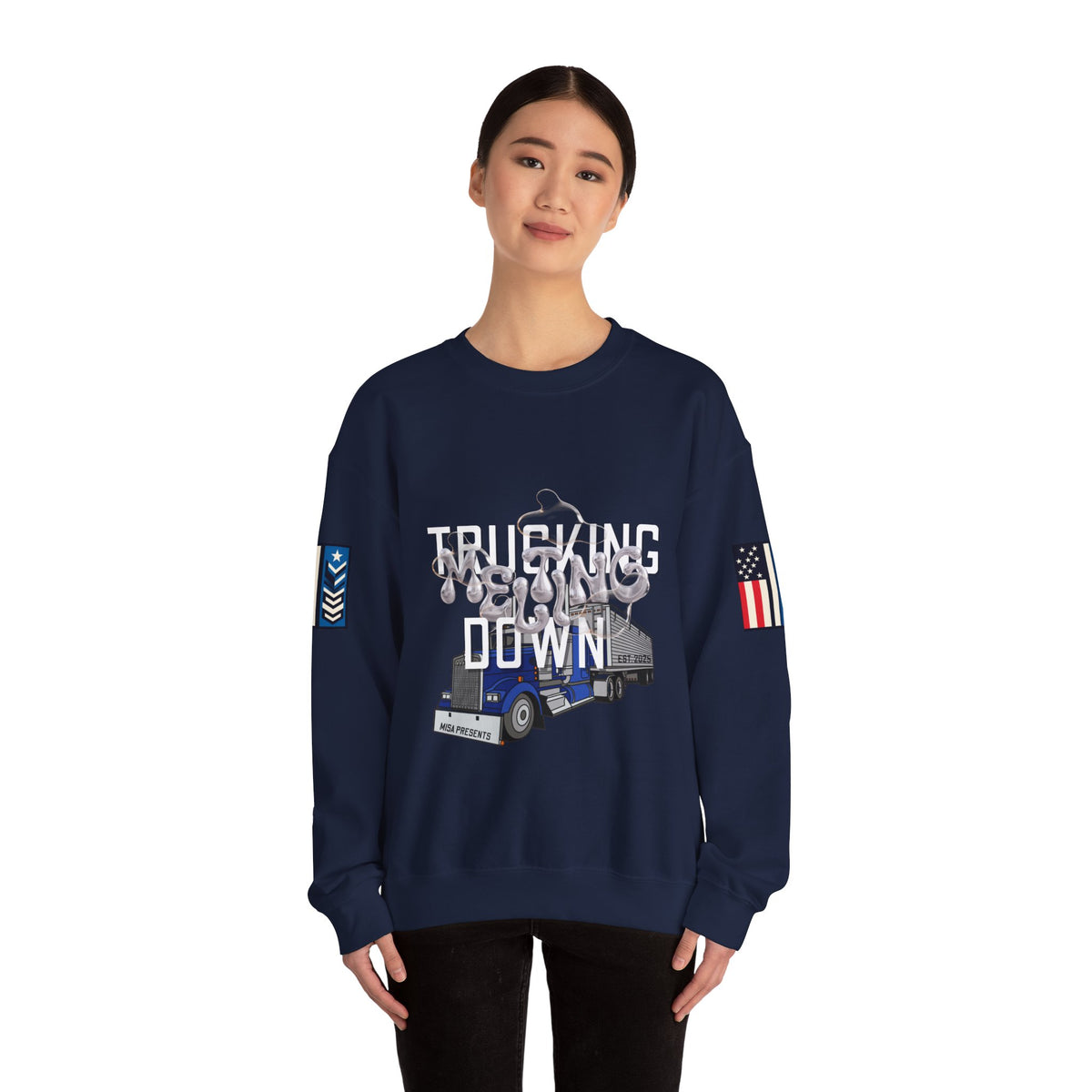 Charcoal Printify Trucking Meltdown sweatshirt with graphic design, casual fit, and soft fabric for comfortable wear.