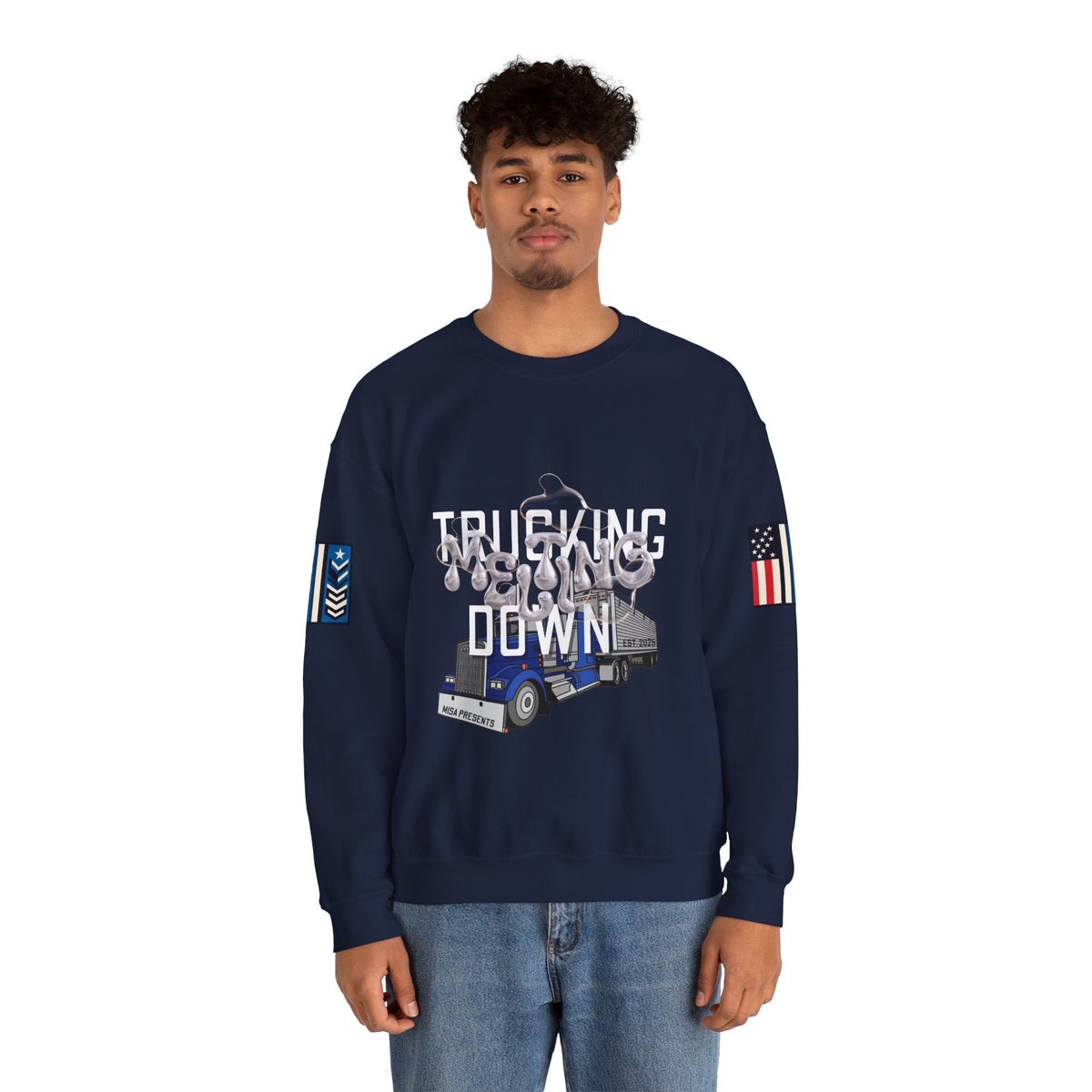 Charcoal Trucking Meltdown Sweatshirt by Printify featuring a casual crewneck design and truck-themed graphic print.