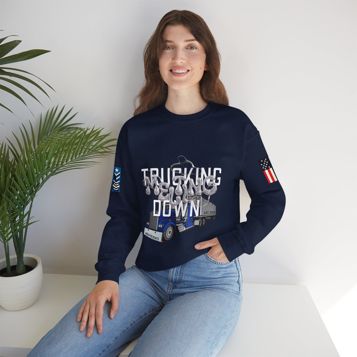 Charcoal Trucking Meltdown sweatshirt by Printify featuring a casual fit and printed graphic design.