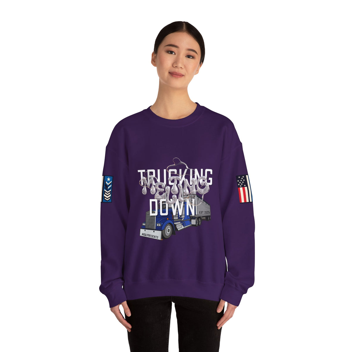 Charcoal trucking meltdown sweatshirt by Printify featuring bold truck graphic on comfortable cotton sweatshirt.