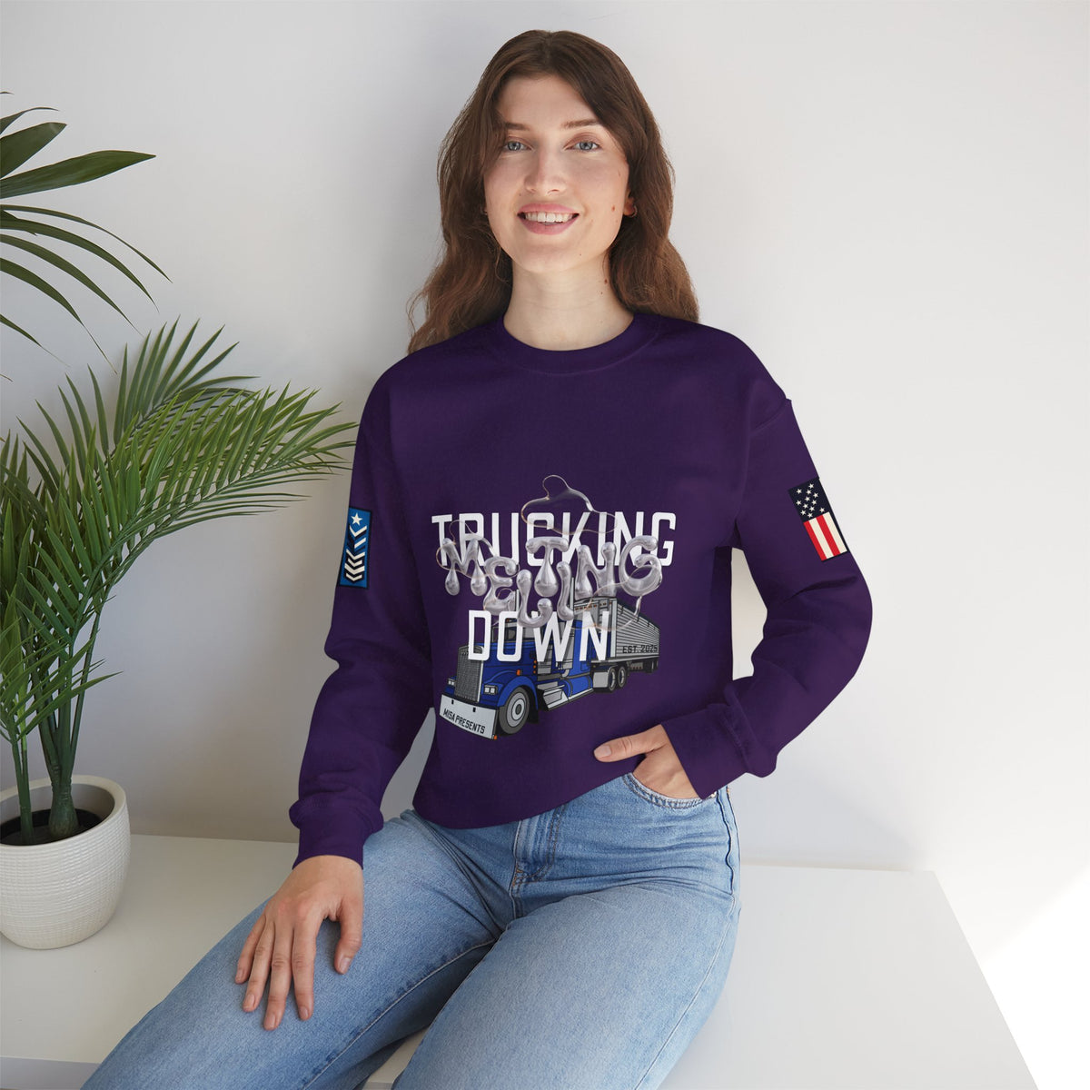 Charcoal Trucking Meltdown sweatshirt by Printify featuring a casual, comfortable design with trucking-themed graphics.