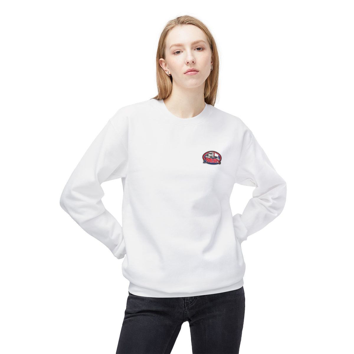 Charcoal unisex midweight softstyle fleece crewneck sweatshirt by Printify, showing front view with relaxed fit and ribbed cuffs.