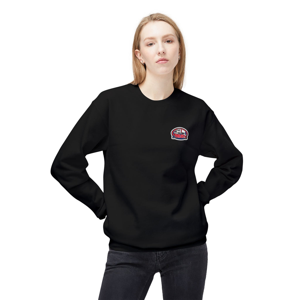 Unisex charcoal midweight softstyle fleece crewneck sweatshirt by Printify, showing a comfortable, casual fit and soft fabric.