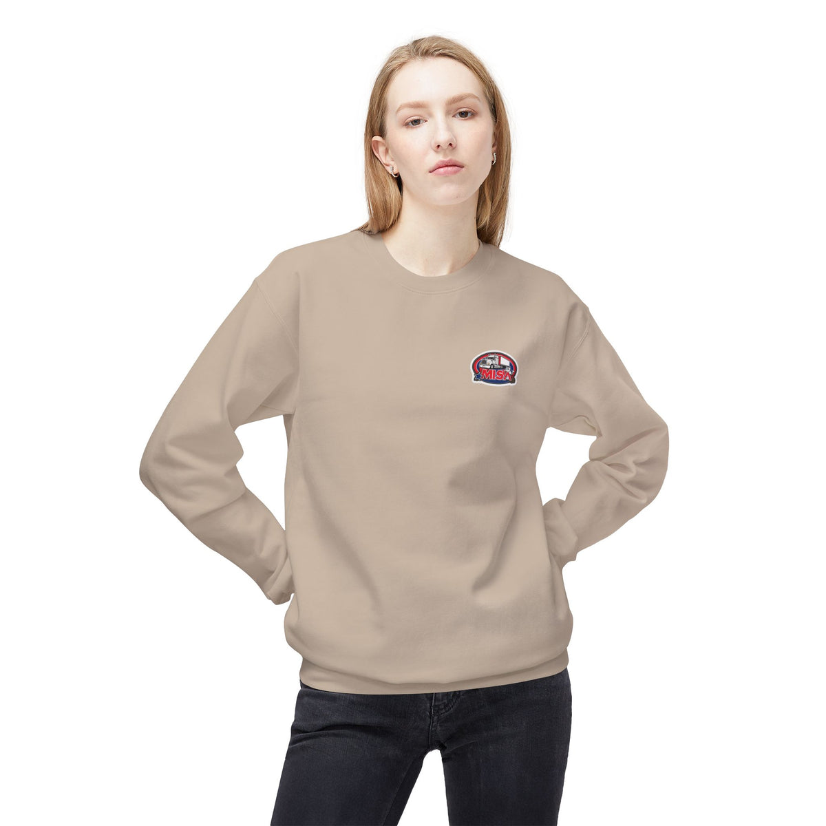 Charcoal unisex midweight softstyle fleece crewneck sweatshirt by Printify, showing a comfortable, casual fit with long sleeves and ribbed cuffs.