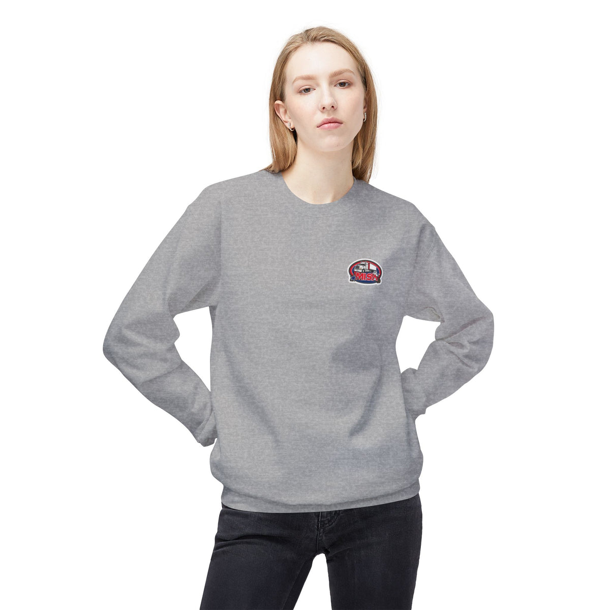 Charcoal unisex midweight softstyle fleece crewneck sweatshirt by Printify, showing a cozy, comfortable sweatshirt with a relaxed fit.