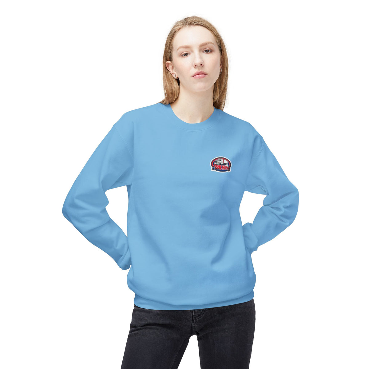 Charcoal unisex midweight softstyle fleece crewneck sweatshirt by Printify, shown flat with ribbed cuffs and neckline.