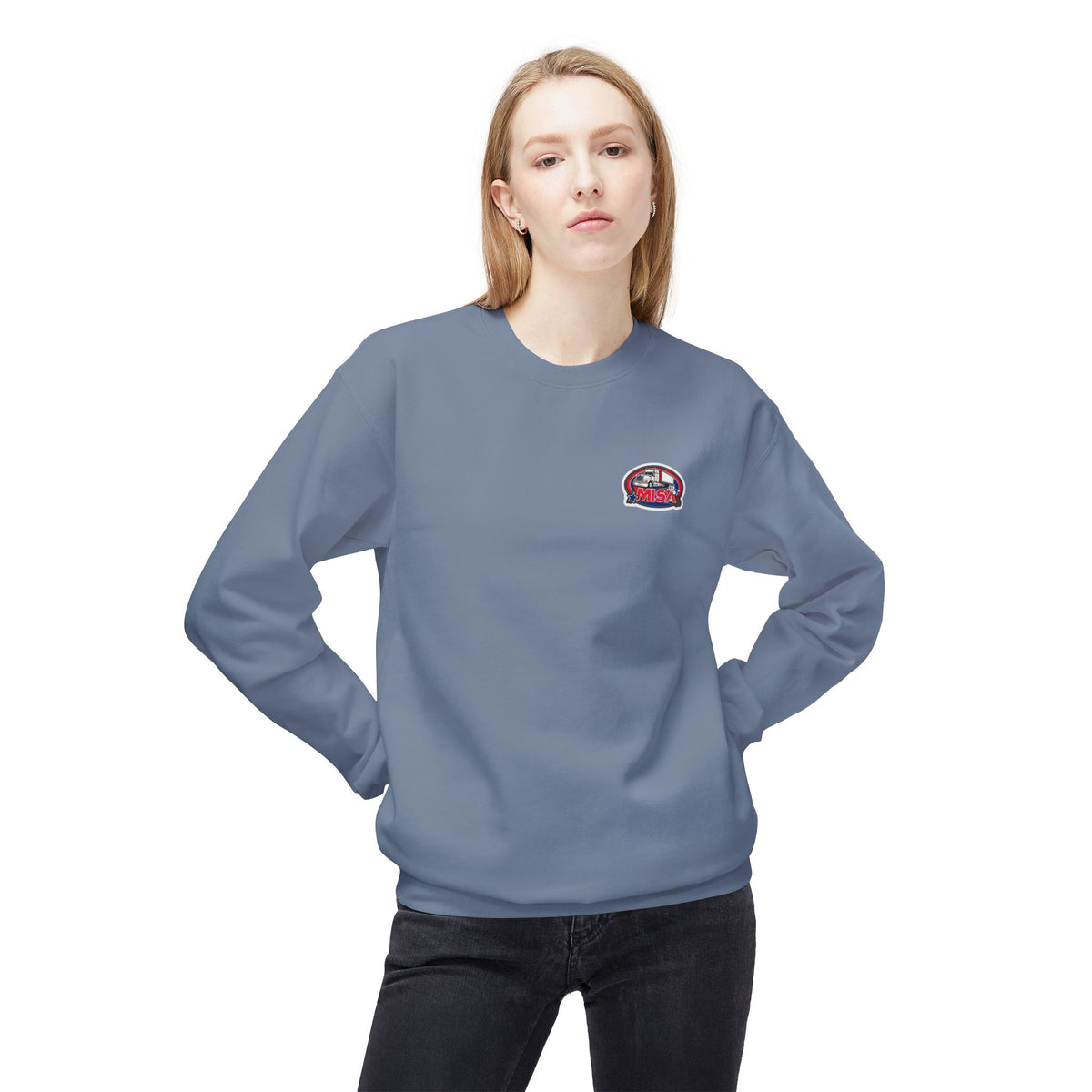 Charcoal unisex midweight fleece crewneck sweatshirt by Printify, soft and comfortable with a cozy fabric appearance.
