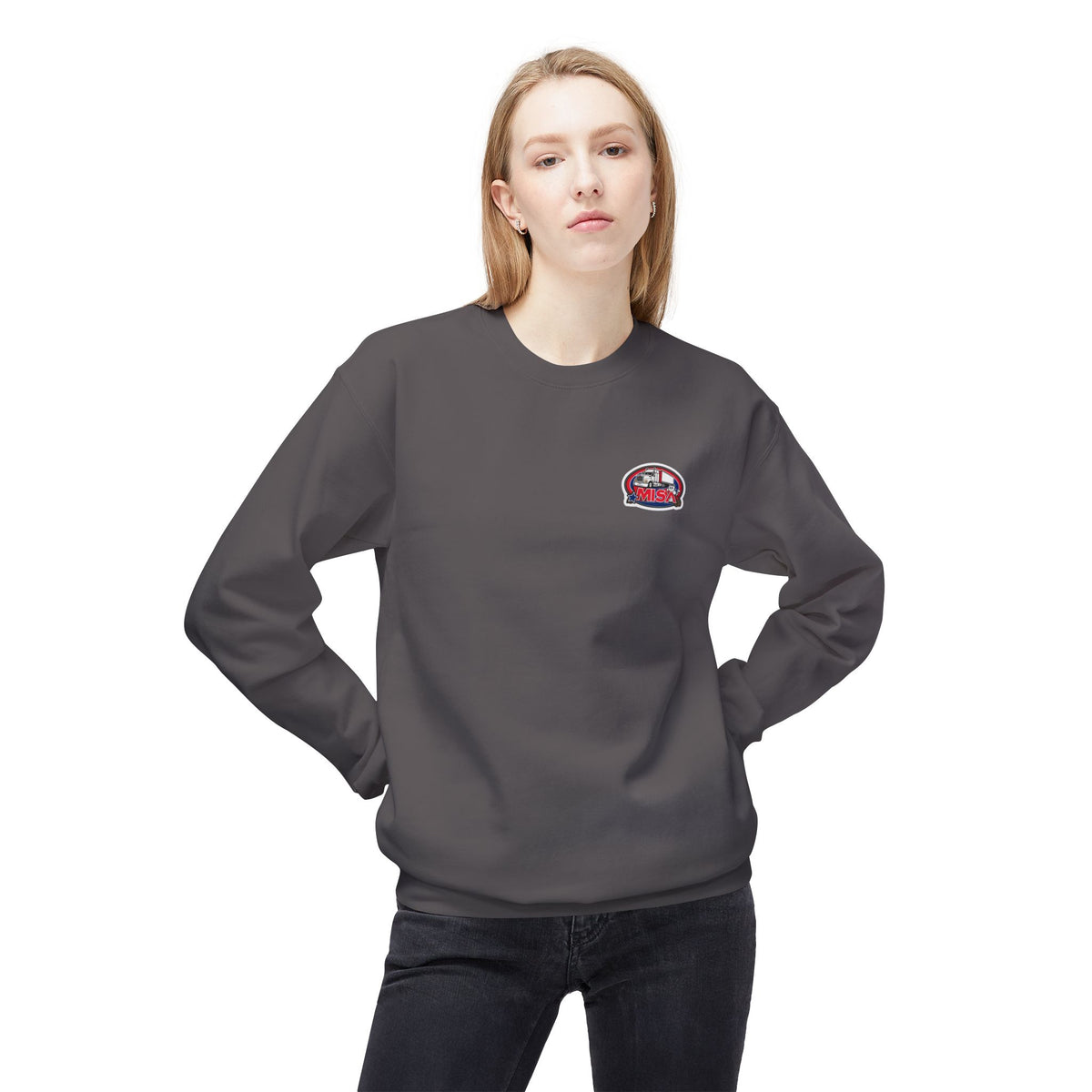Unisex charcoal midweight softstyle fleece crewneck sweatshirt by Printify, showing a cozy, casual sweatshirt with a relaxed fit.