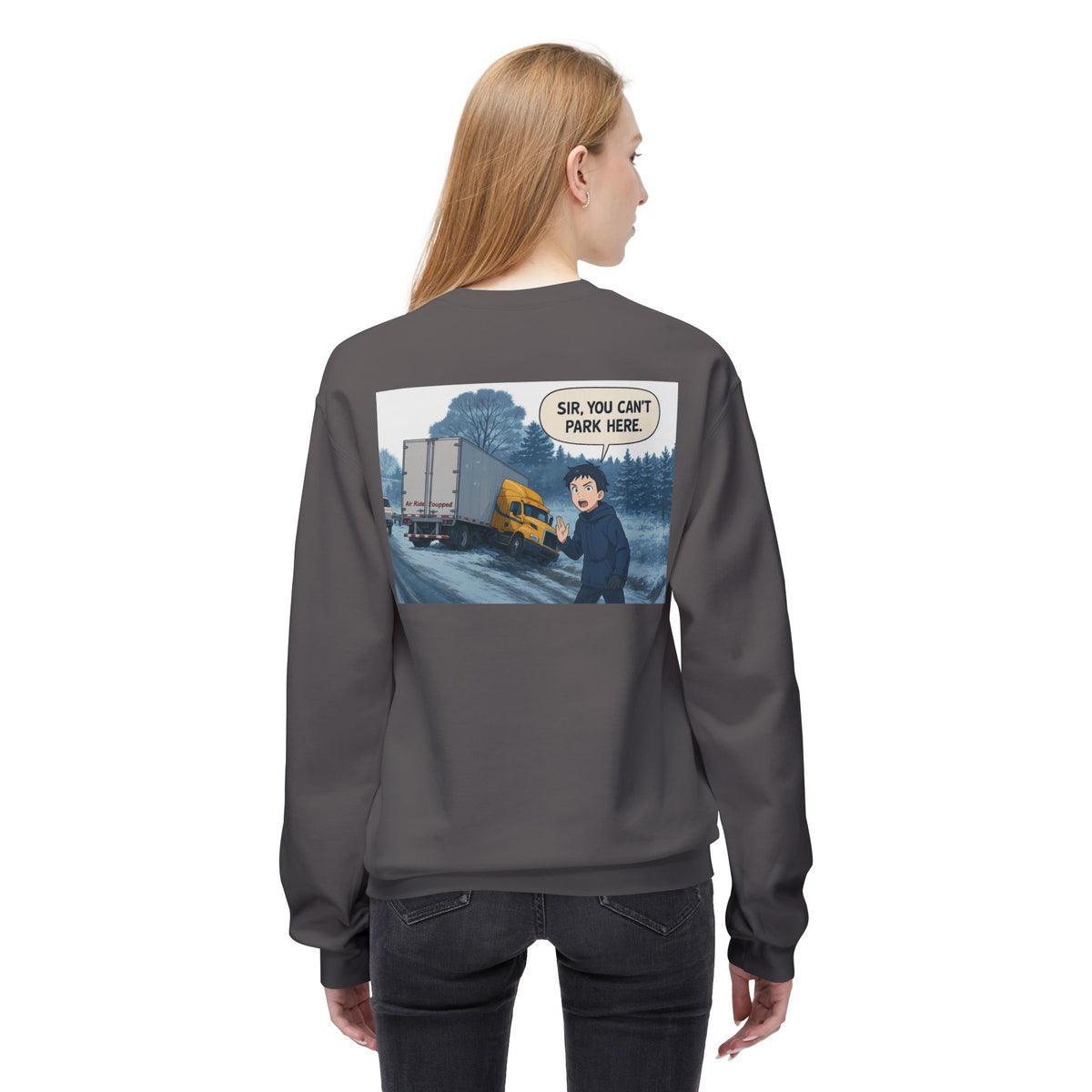 Charcoal unisex midweight softstyle fleece crewneck sweatshirt by Printify, showing a cozy, relaxed fit with ribbed cuffs and neckline.