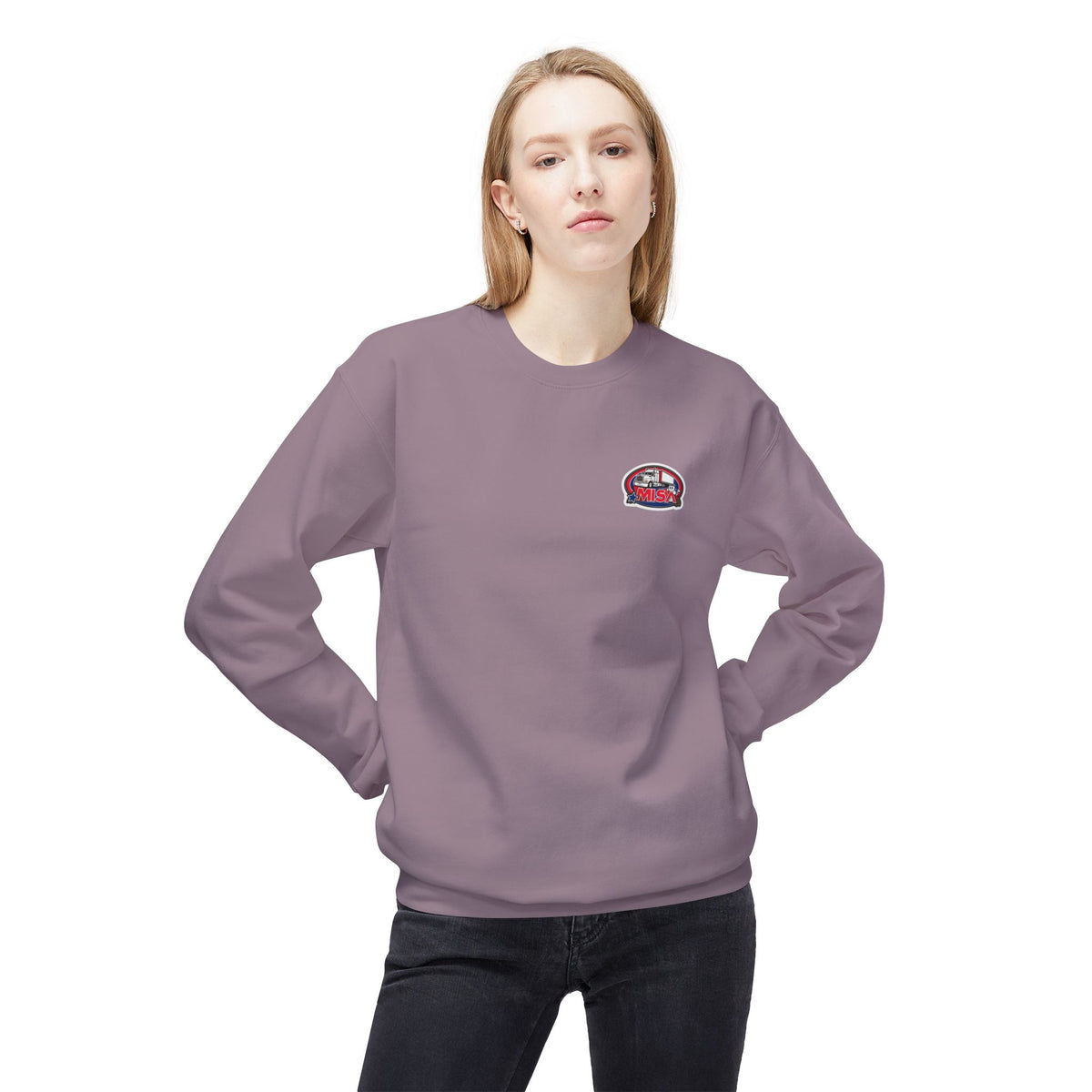 Charcoal unisex midweight softstyle fleece crewneck sweatshirt by Printify, showing its comfortable fit and cozy fabric.