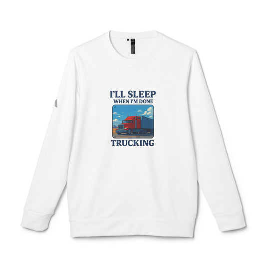 Collegiate green trucking humor crewneck sweatshirt by Printify with "I'll Sleep When I'm Done" graphic, casual and comfortable fit.