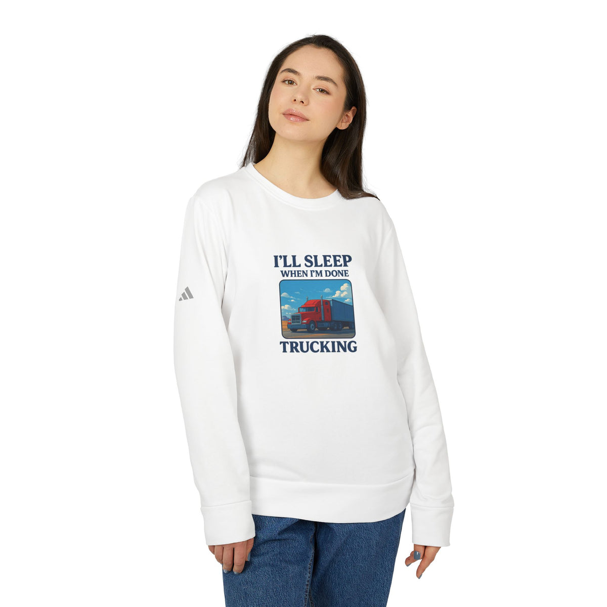 Printify trucking humor crewneck sweatshirt in collegiate green featuring a fun "I'll Sleep When I'm Done" design.