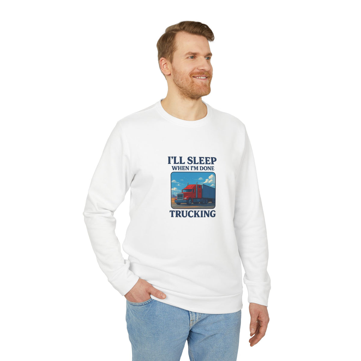 Collegiate green Trucking Humor crewneck sweatshirt by Printify featuring a fun "I'll Sleep When I'm Done" design.