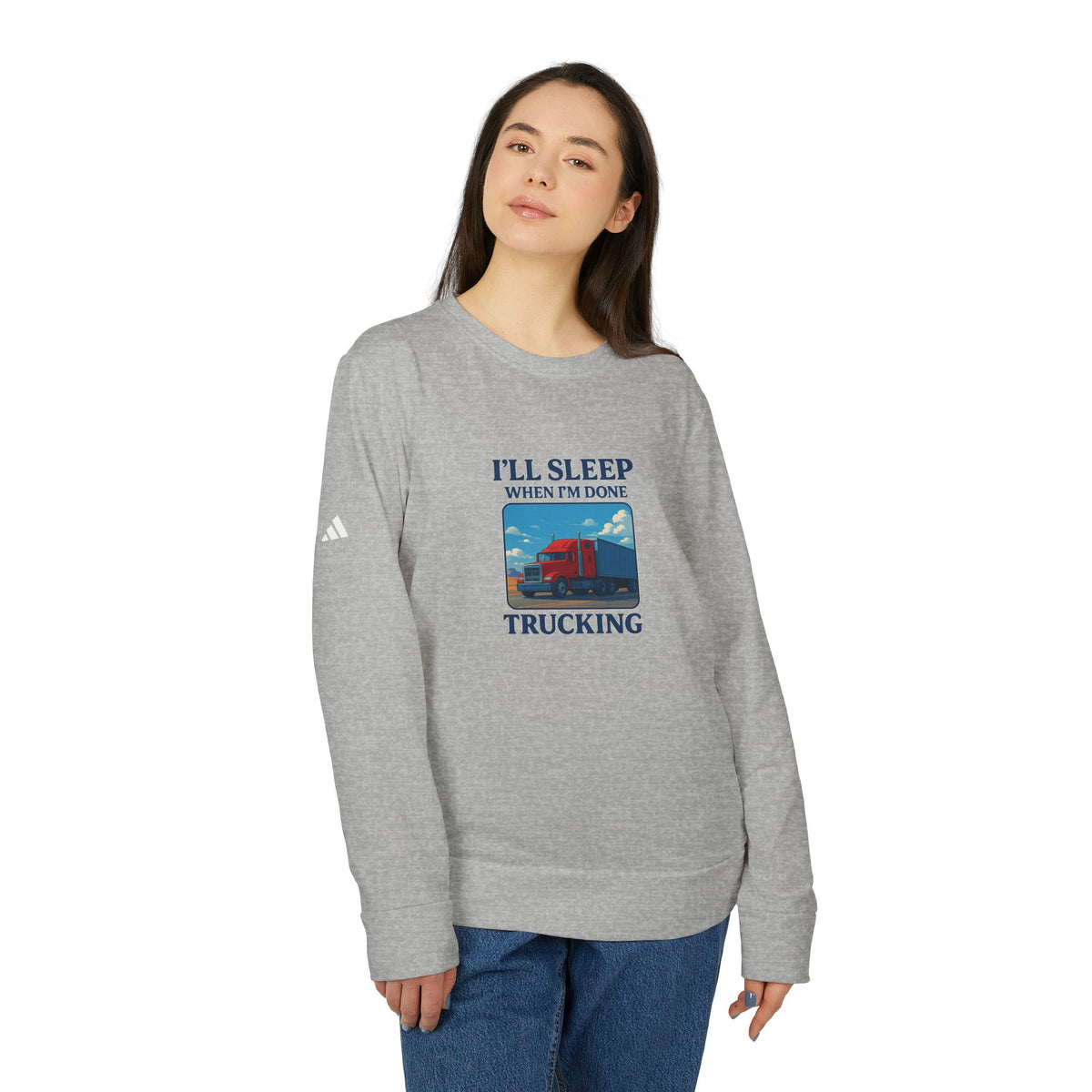 Collegiate green Trucking Humor crewneck sweatshirt by Printify featuring humorous text "I'll Sleep When I'm Done" on the front.