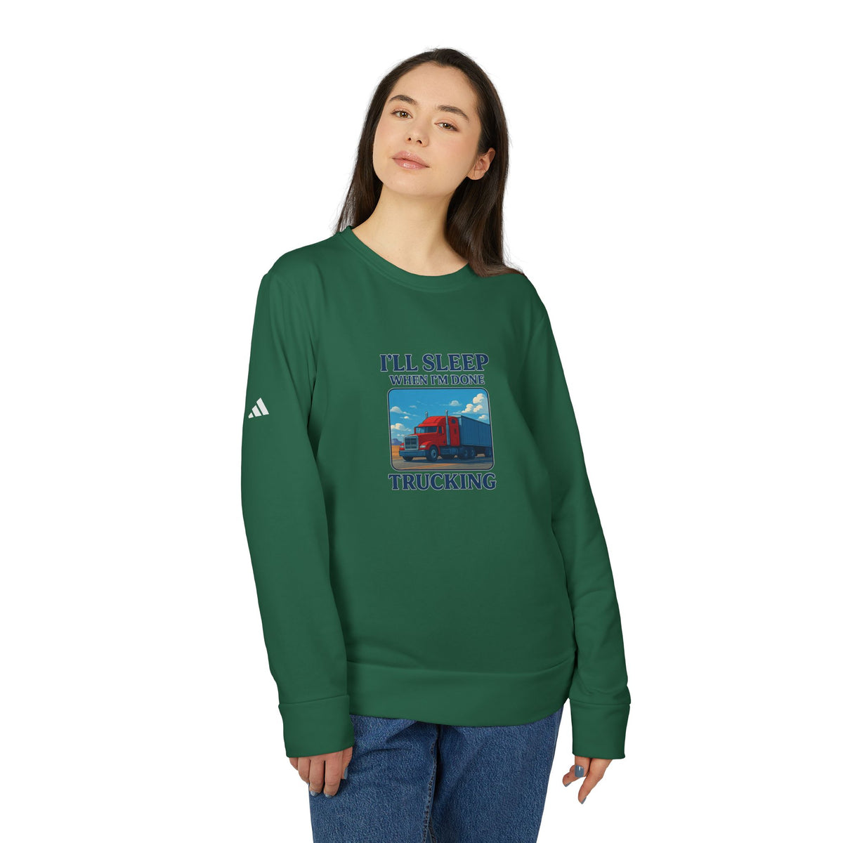 Green collegiate crewneck sweatshirt with trucking humor "I'll Sleep When I'm Done" print, by Printify, in size XS.