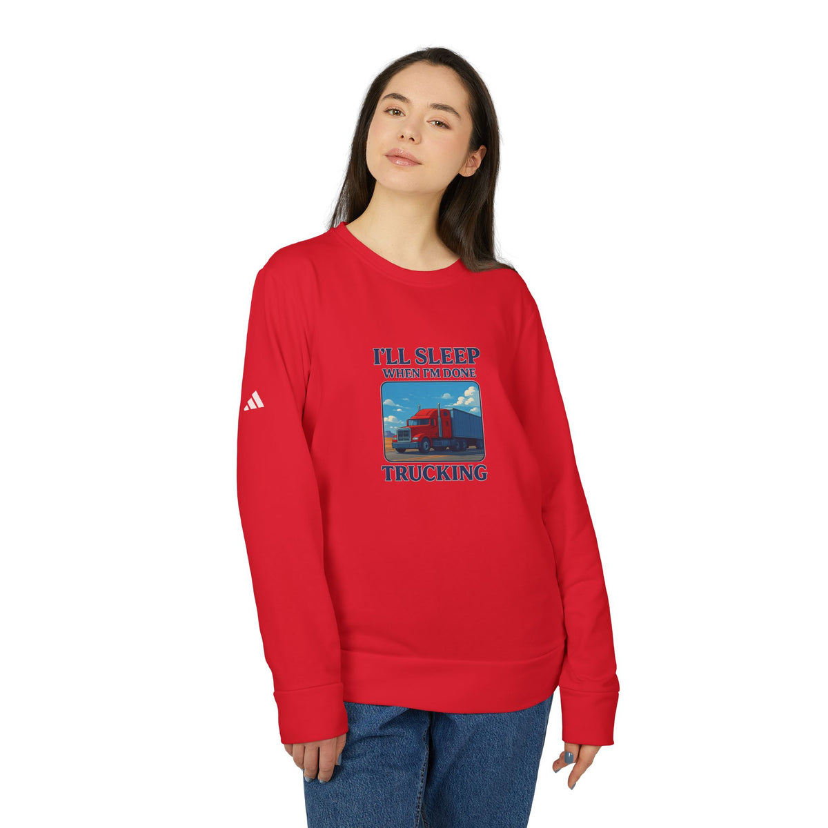Collegiate green Trucking Humor crewneck sweatshirt by Printify with humorous "I'll Sleep When I'm Done" graphic, casual and cozy fit.