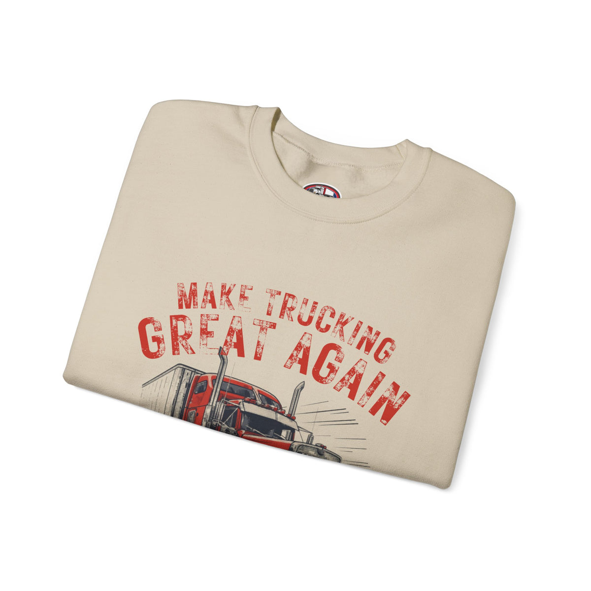 Dark heather crewneck sweatshirt by Printify featuring a vintage semi tractor graphic and "Make Trucking Great Again" slogan.