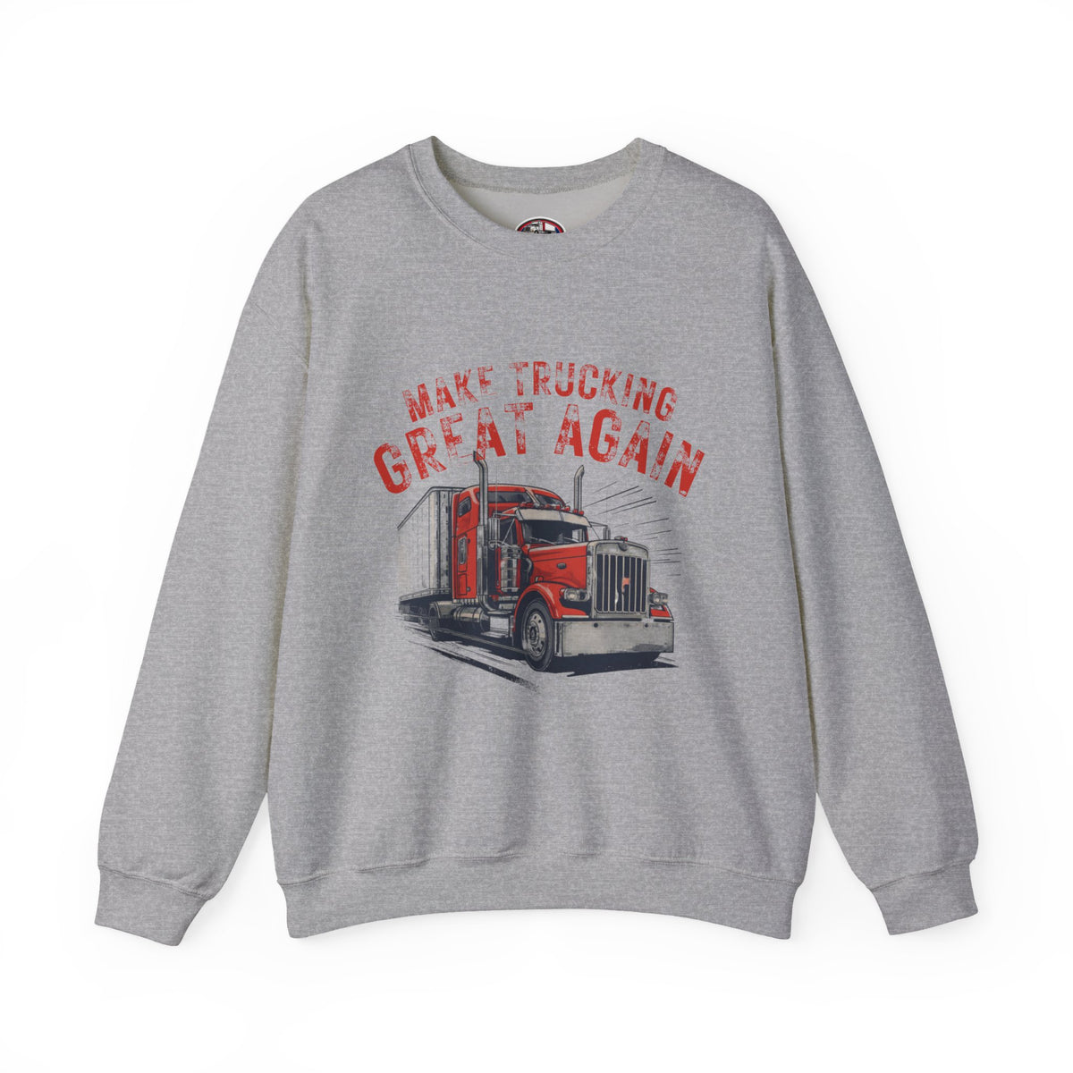 Dark heather crewneck sweatshirt by Printify featuring vintage semi tractor graphic and "Make Trucking Great Again" slogan.