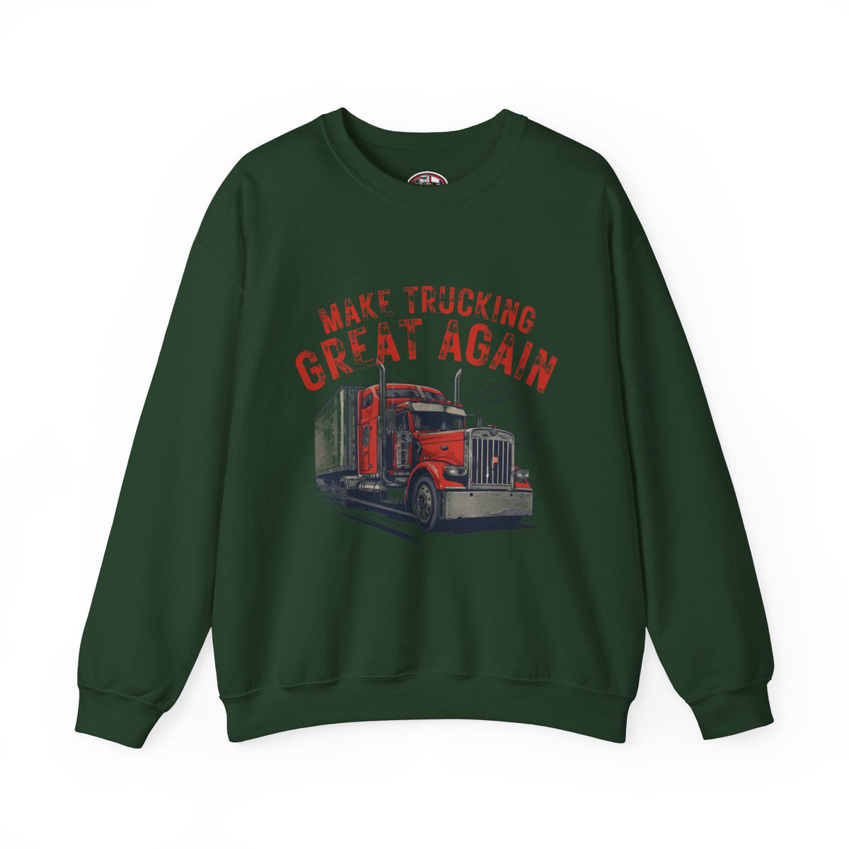 Dark heather crewneck sweatshirt by Printify featuring a vintage semi tractor graphic and "Make Trucking Great Again" slogan.