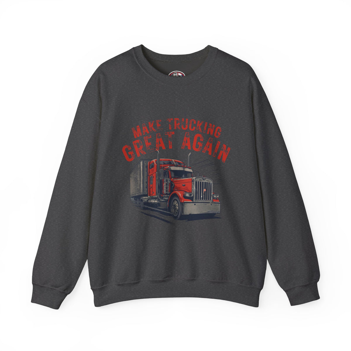 Dark heather crewneck sweatshirt with vintage semi tractor graphic and "Make Trucking Great Again" text by Printify.