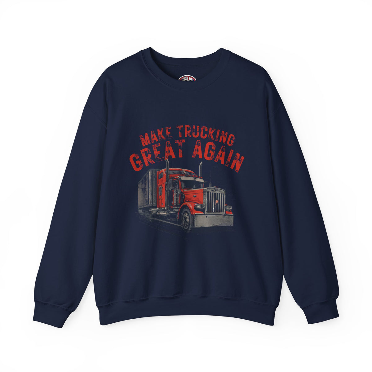 Dark heather crewneck sweatshirt with vintage semi tractor graphic and "Make Trucking Great Again" slogan.