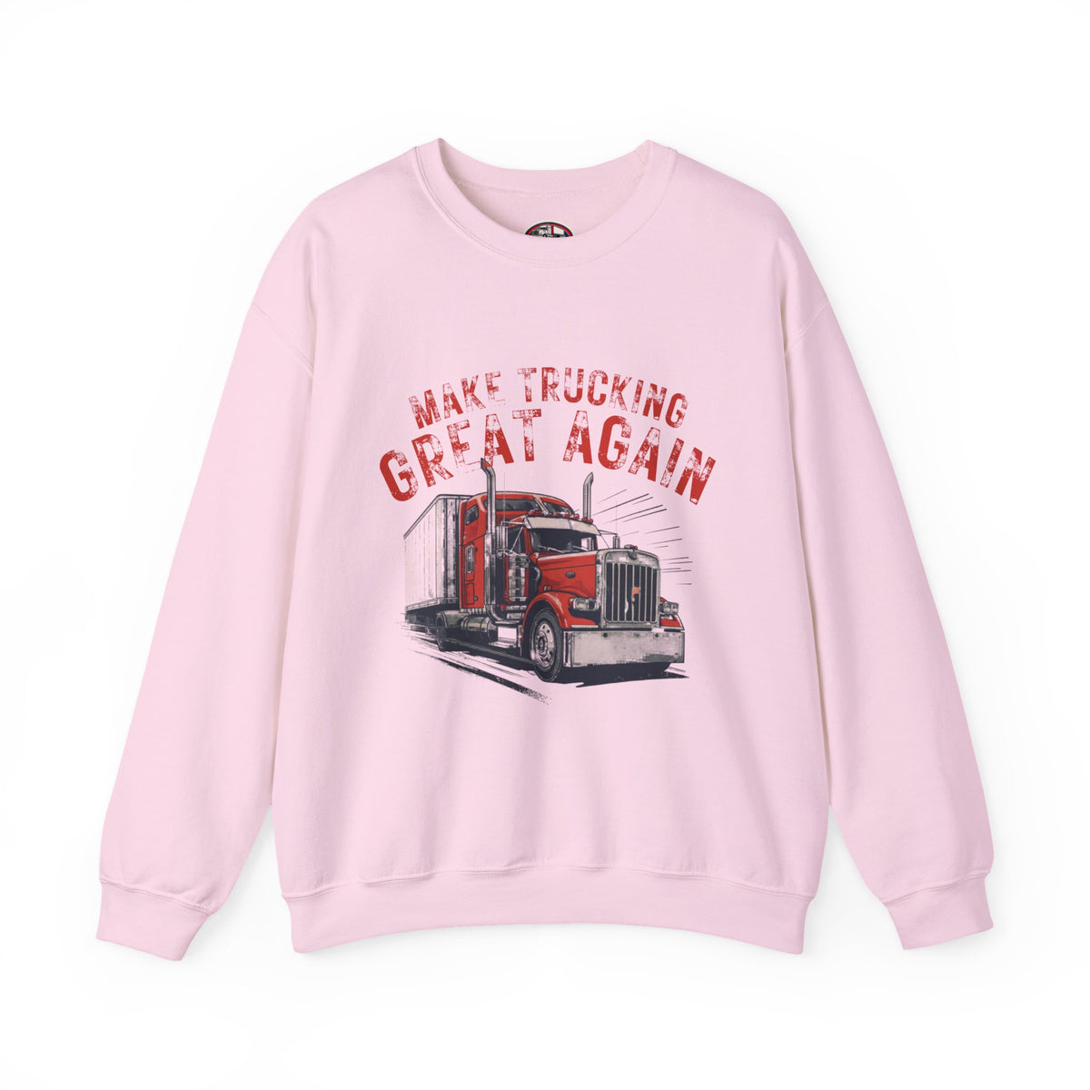 Dark heather crewneck sweatshirt featuring a vintage semi tractor graphic with "Make Trucking Great Again" slogan by Printify.