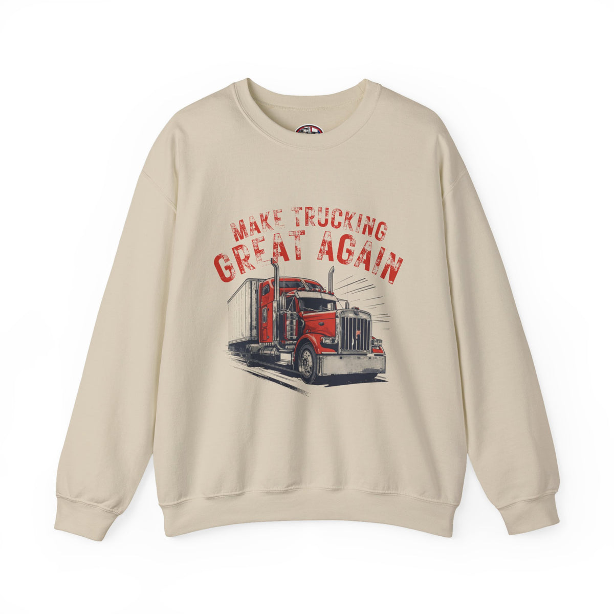 Dark heather crewneck sweatshirt by Printify featuring a vintage semi tractor graphic and the slogan "Make Trucking Great Again."