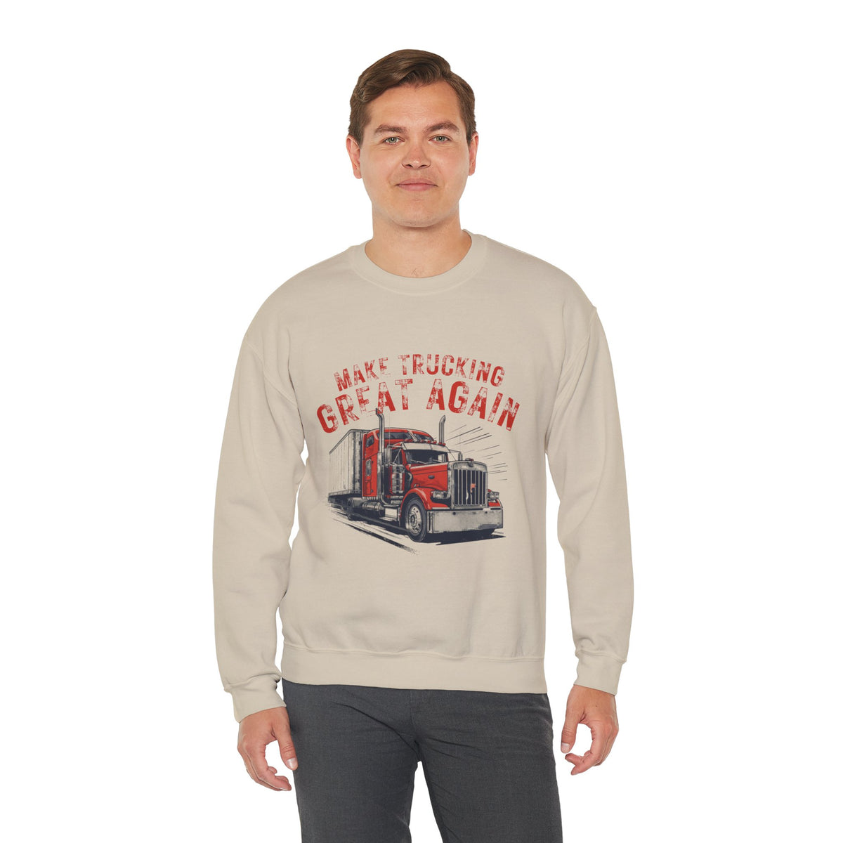 Dark heather crewneck sweatshirt by Printify featuring vintage semi tractor graphic and "Make Trucking Great Again" slogan.