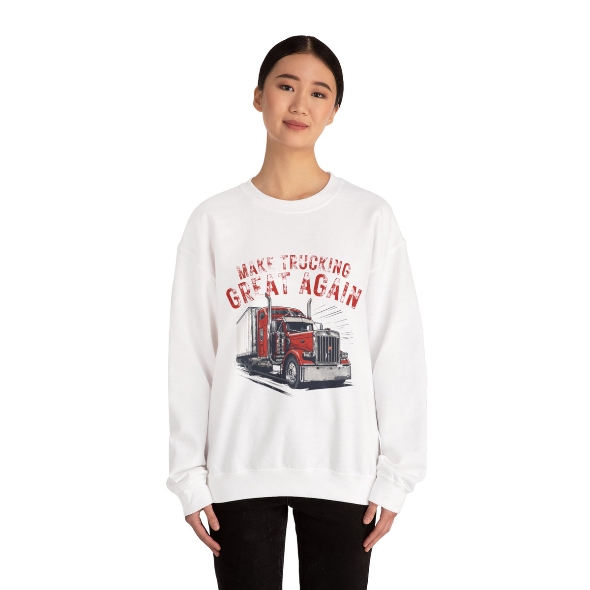 Dark heather crewneck sweatshirt by Printify with vintage semi tractor graphic and "Make Trucking Great Again" slogan.