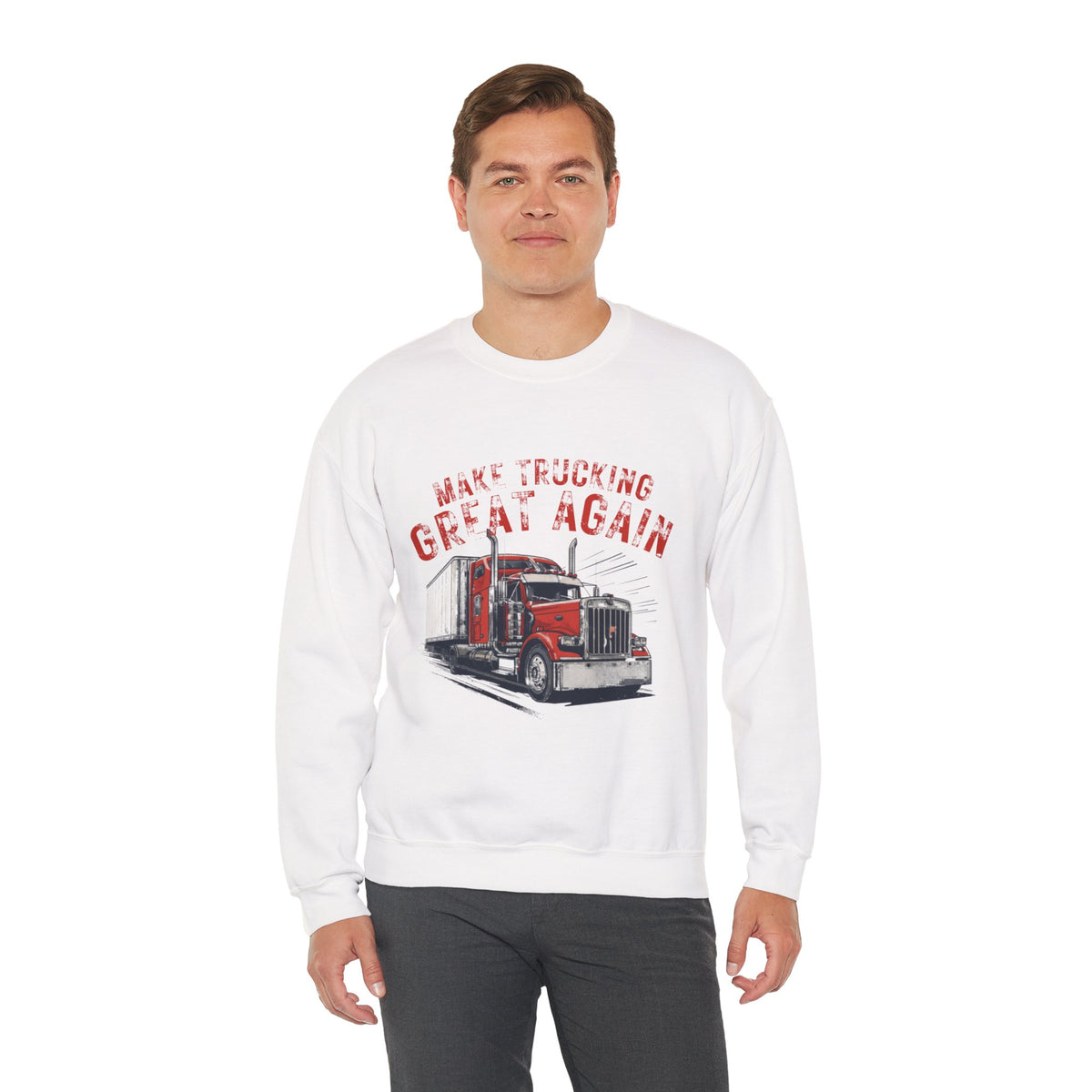 Dark heather crewneck sweatshirt by Printify featuring a vintage semi tractor graphic and the slogan "Make Trucking Great Again".