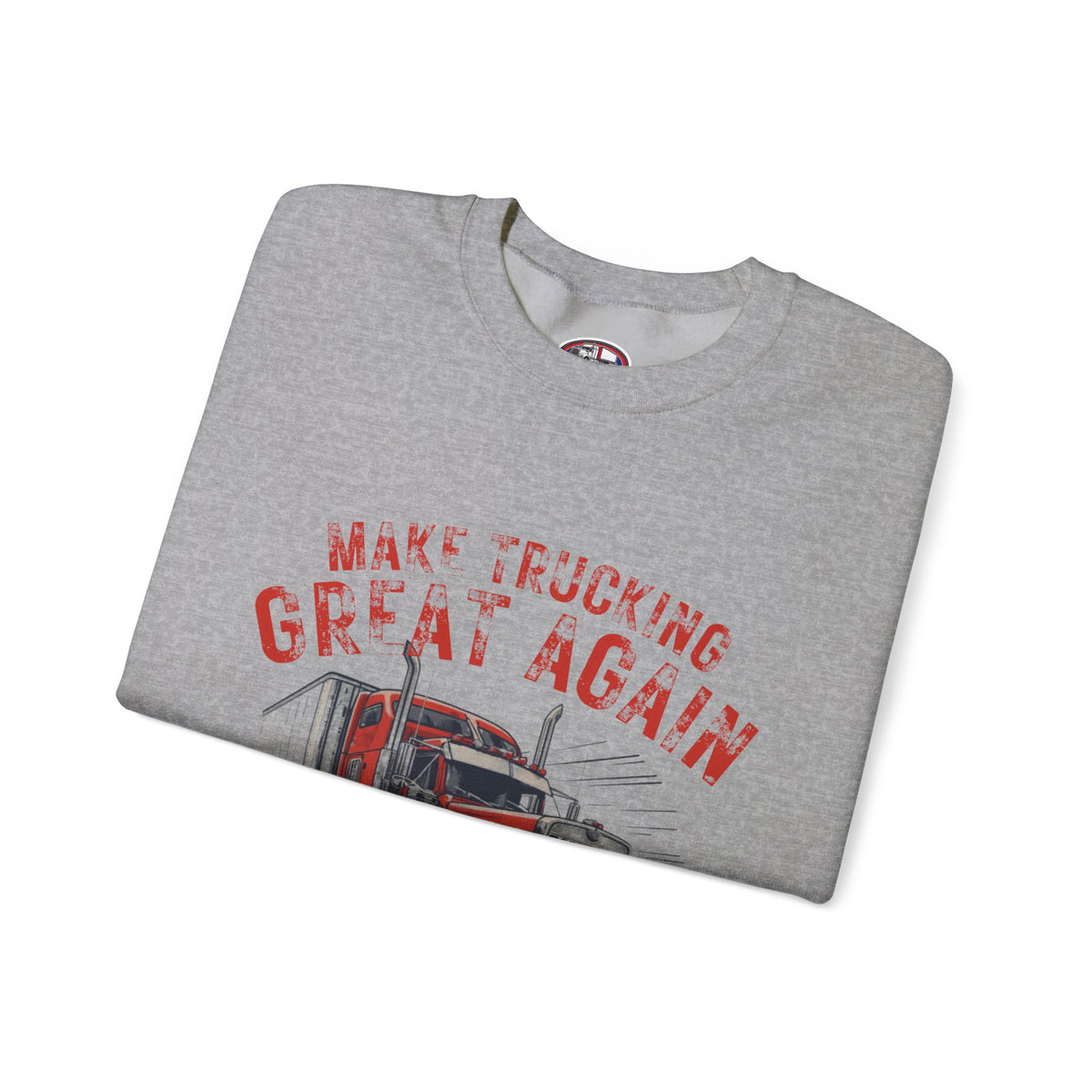 Dark heather crewneck sweatshirt by Printify featuring a vintage semi tractor graphic and the slogan "Make Trucking Great Again."