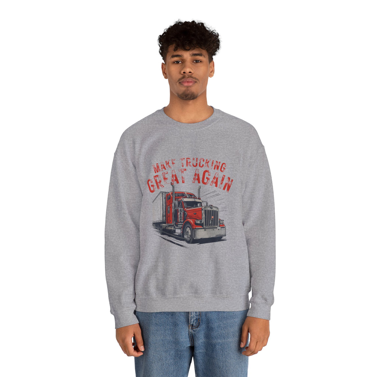 Dark heather crewneck sweatshirt with vintage semi tractor graphic and "Make Trucking Great Again" slogan by Printify.