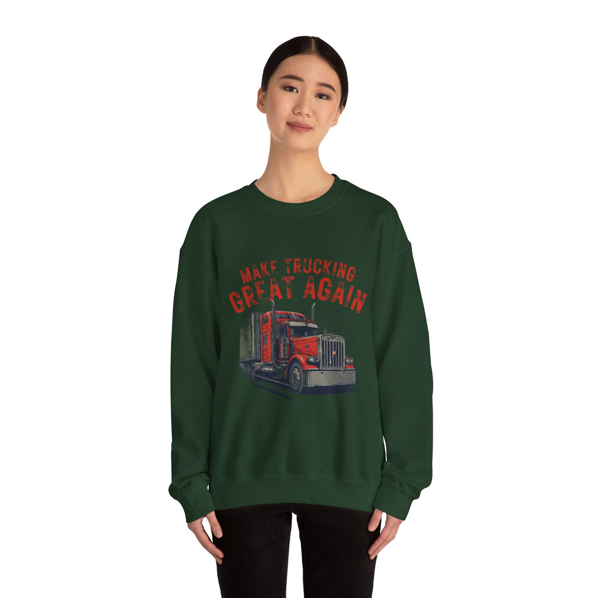 Dark heather crewneck sweatshirt with vintage semi tractor graphic and "Make Trucking Great Again" slogan by Printify.